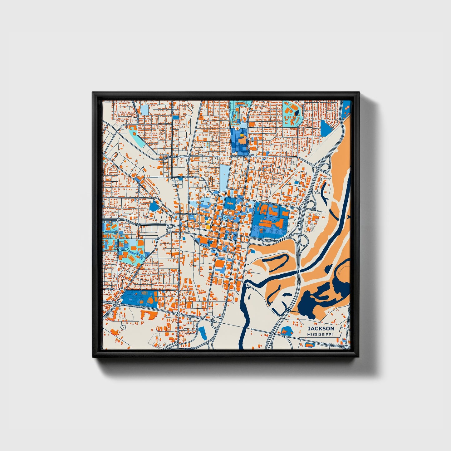 Jackson Mississippi Colorful City Map Canvas Print • Black Framed