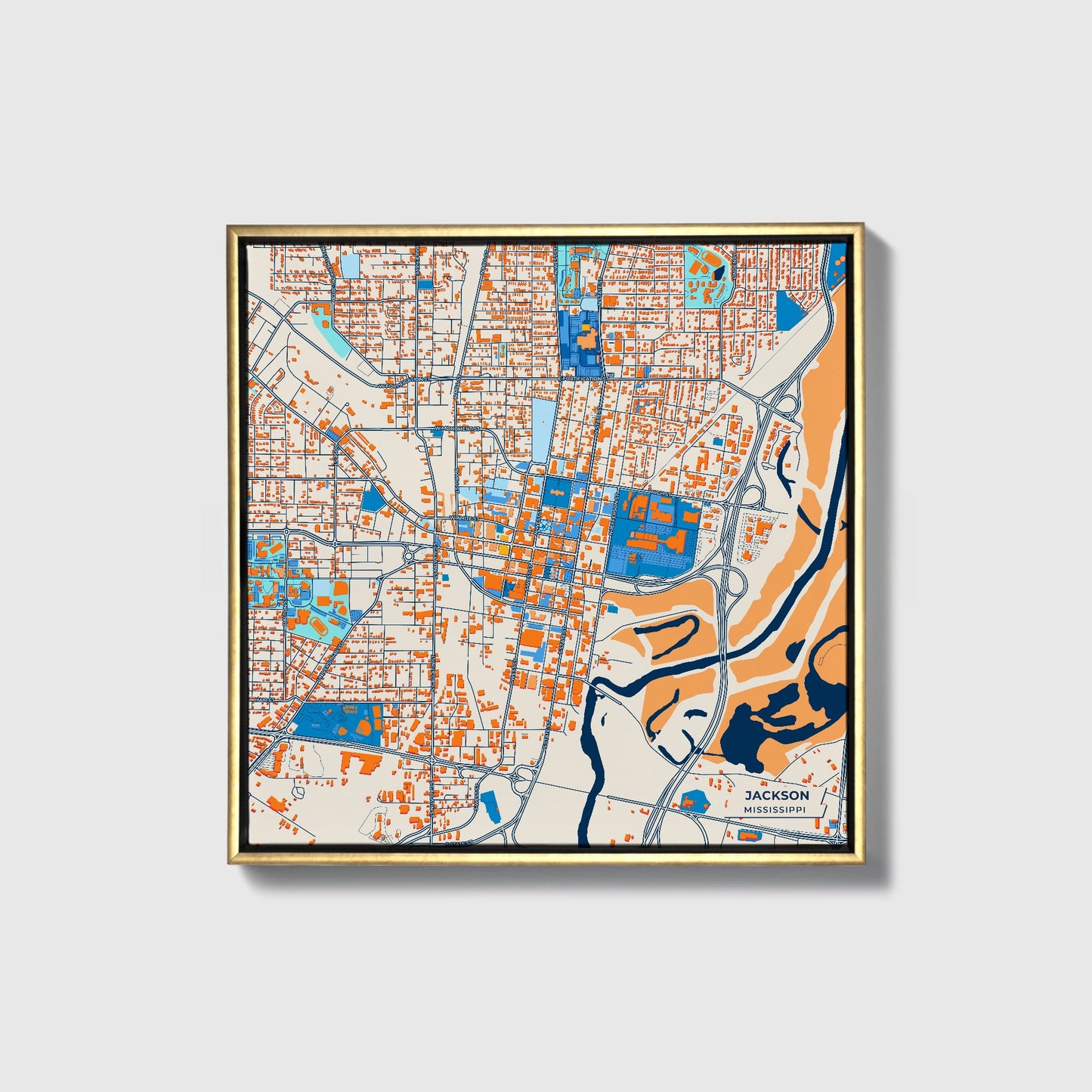 Jackson Mississippi Colorful City Map Canvas Print • Gold Framed
