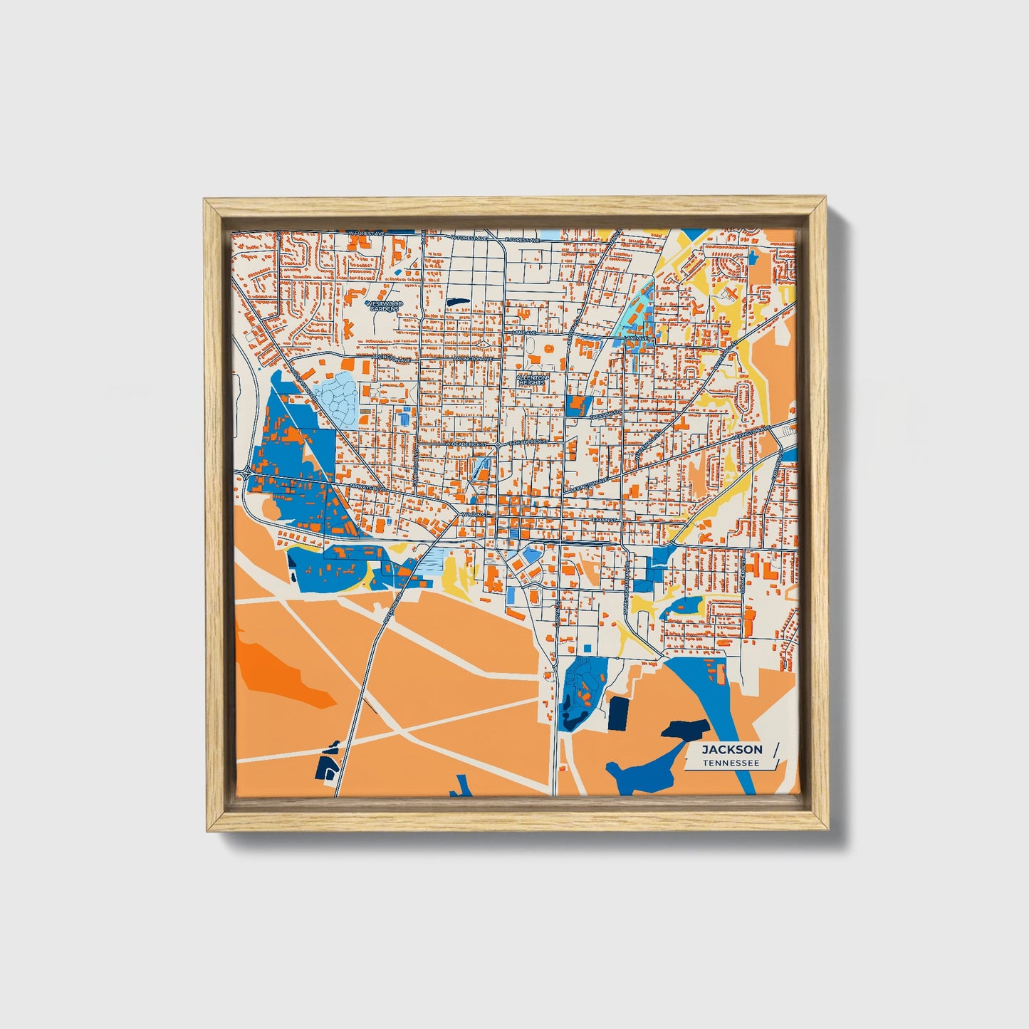 Jackson Tennessee Colorful City Map Canvas Print • Natural Wooden Framed