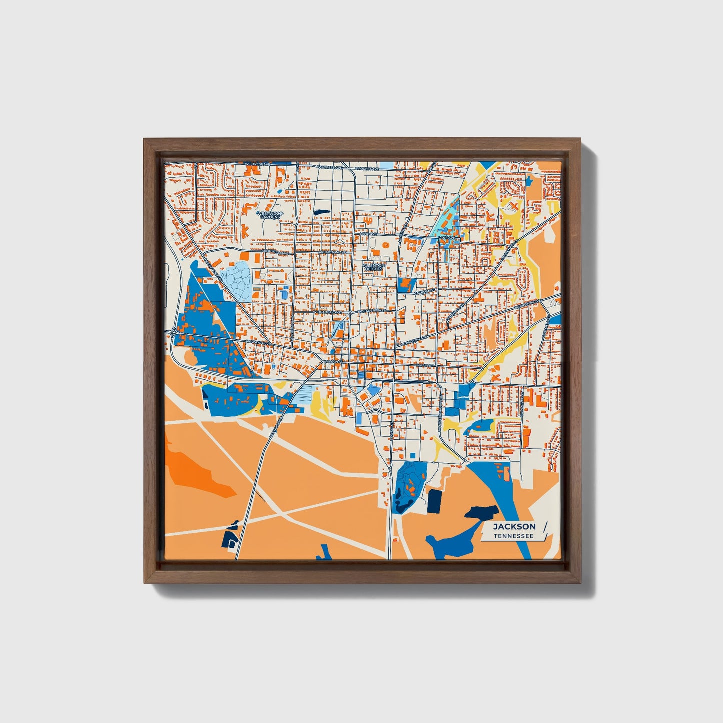 Jackson Tennessee Colorful City Map Canvas Print • Dark Wooden Framed