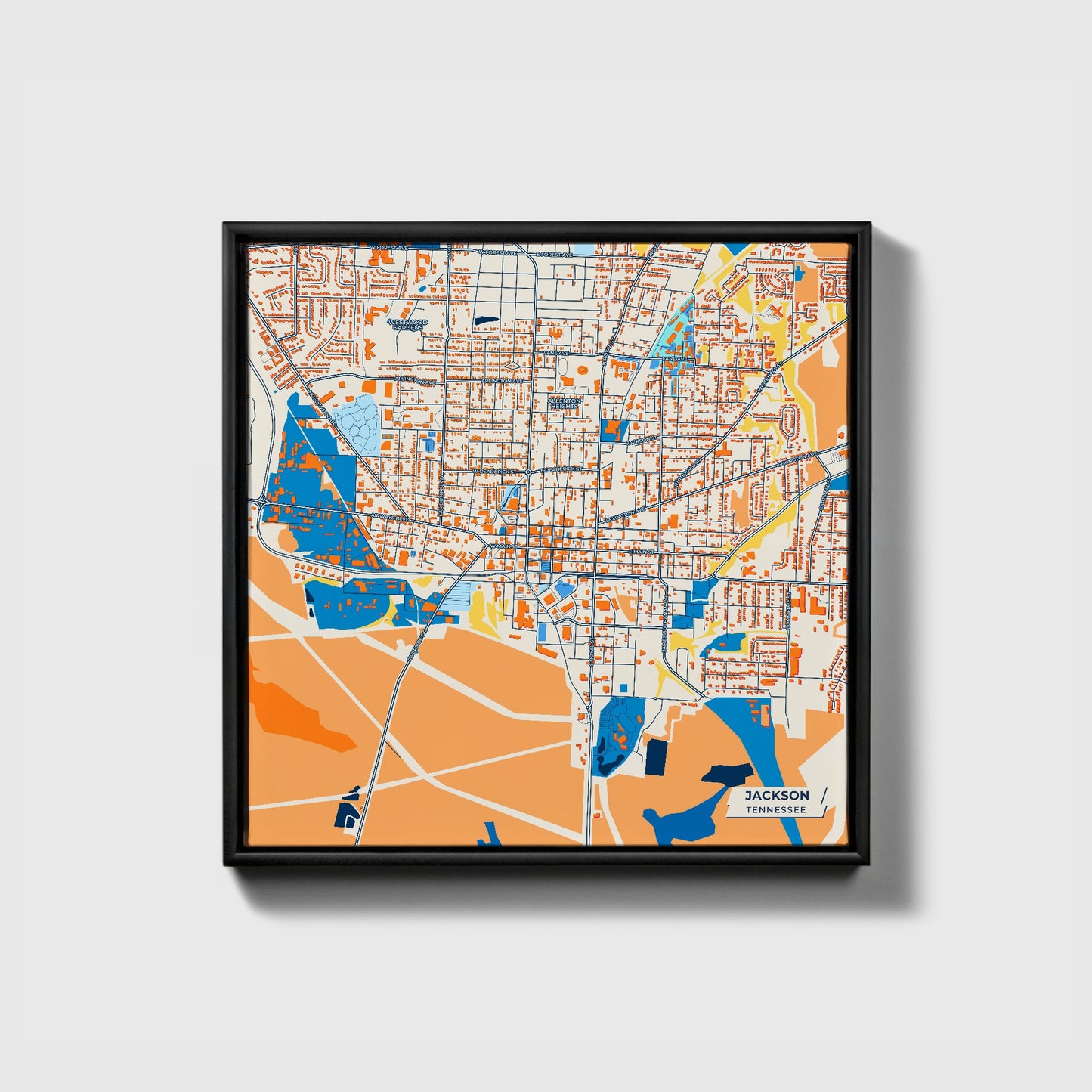 Jackson Tennessee Colorful City Map Canvas Print • Black Framed