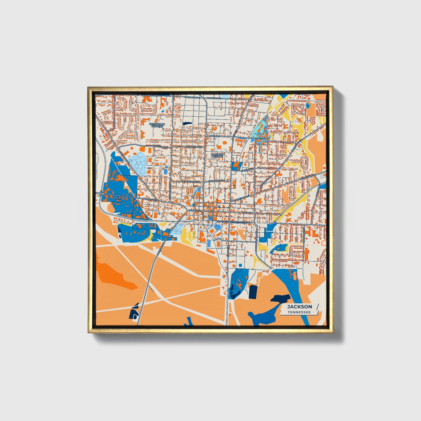Jackson Tennessee Colorful City Map Canvas Print • Gold Framed