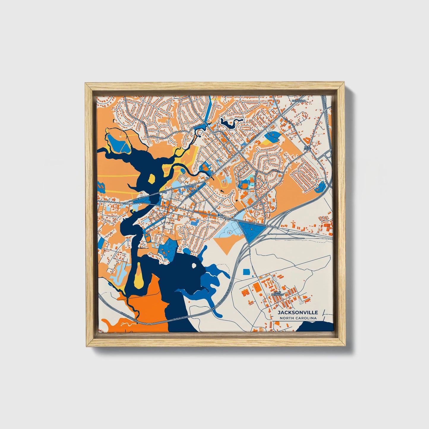 Jacksonville North Carolina Colorful City Map Canvas Print • Natural Wooden Framed