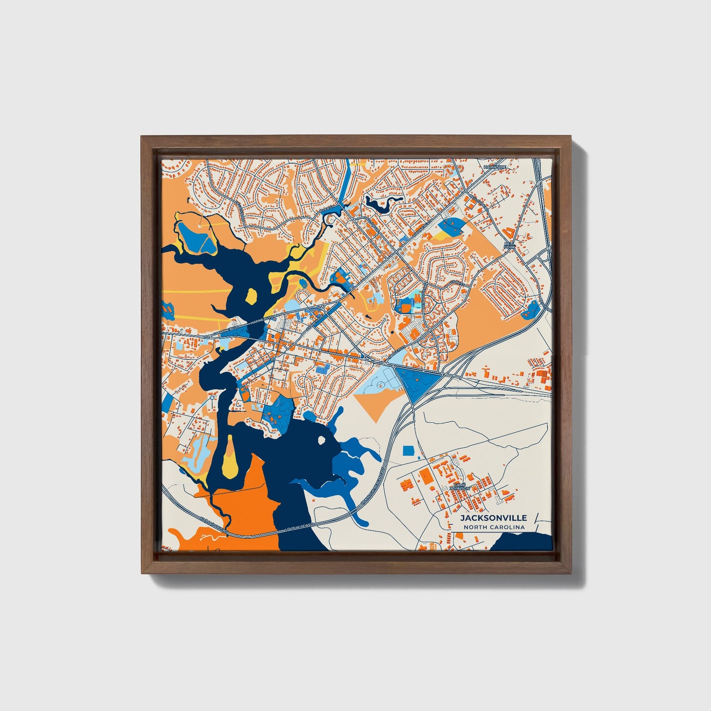 Jacksonville North Carolina Colorful City Map Canvas Print • Dark Wooden Framed