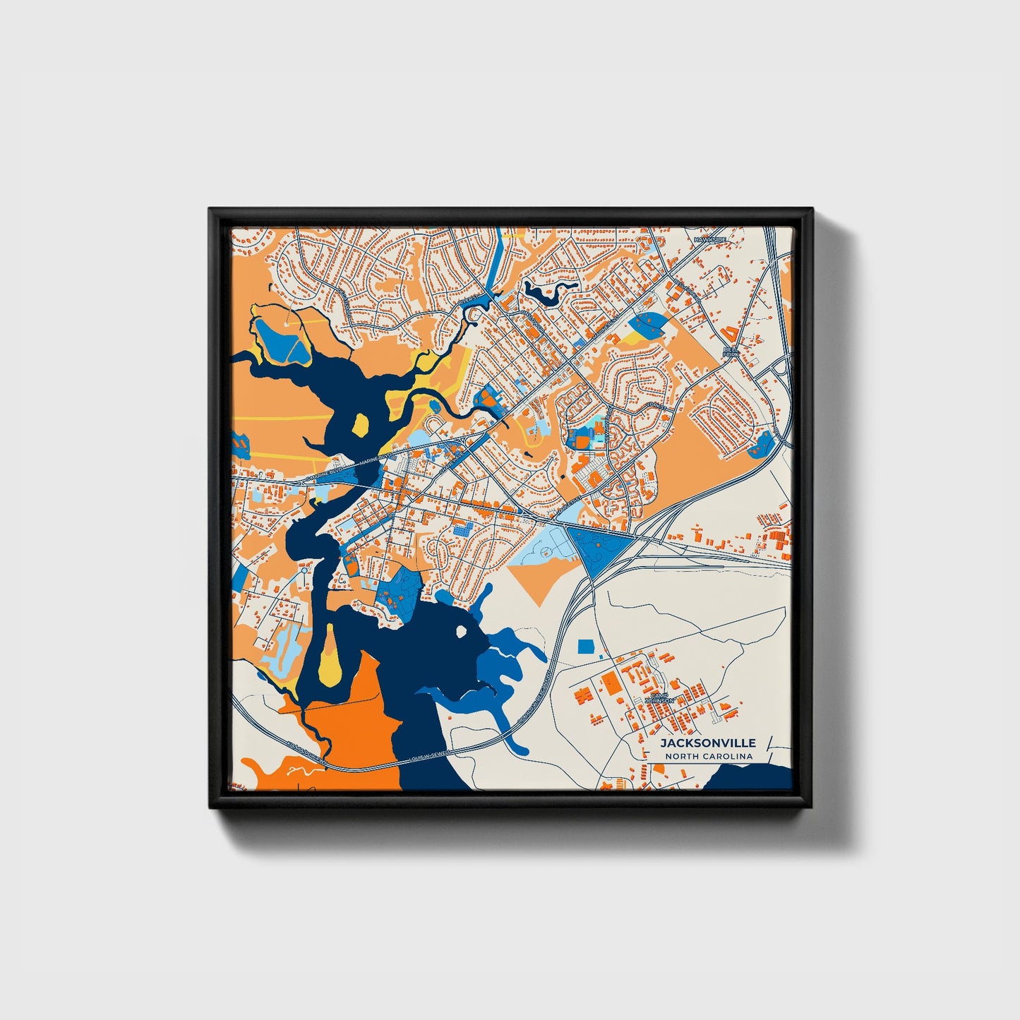 Jacksonville North Carolina Colorful City Map Canvas Print • Black Framed