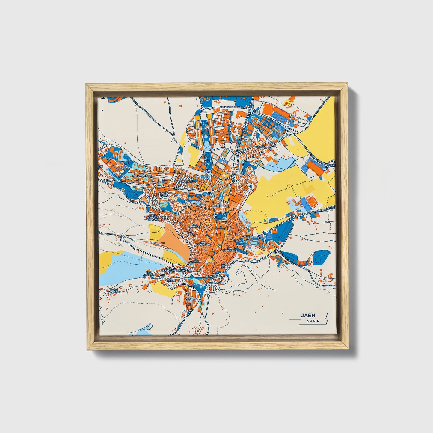 Jaén Spain Colorful City Map Canvas Print • Natural Wooden Framed