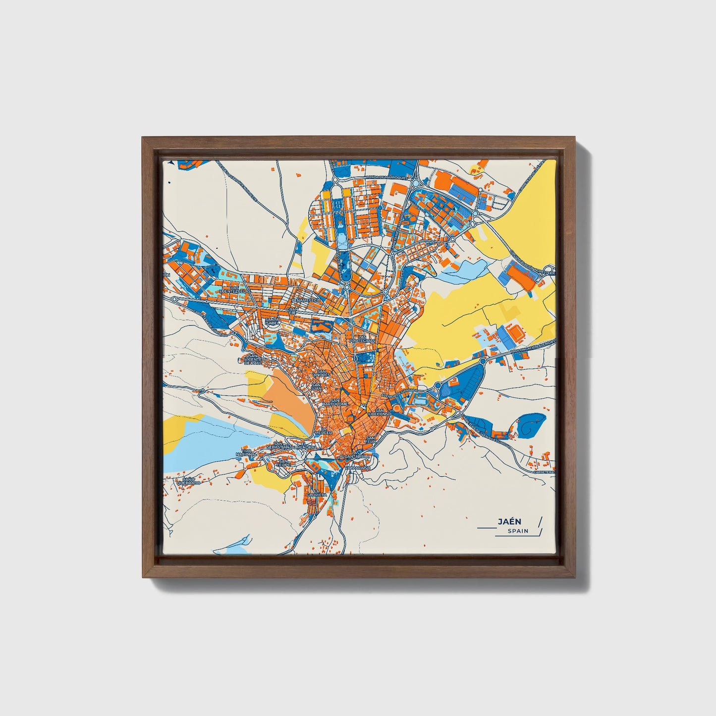 Jaén Spain Colorful City Map Canvas Print • Dark Wooden Framed