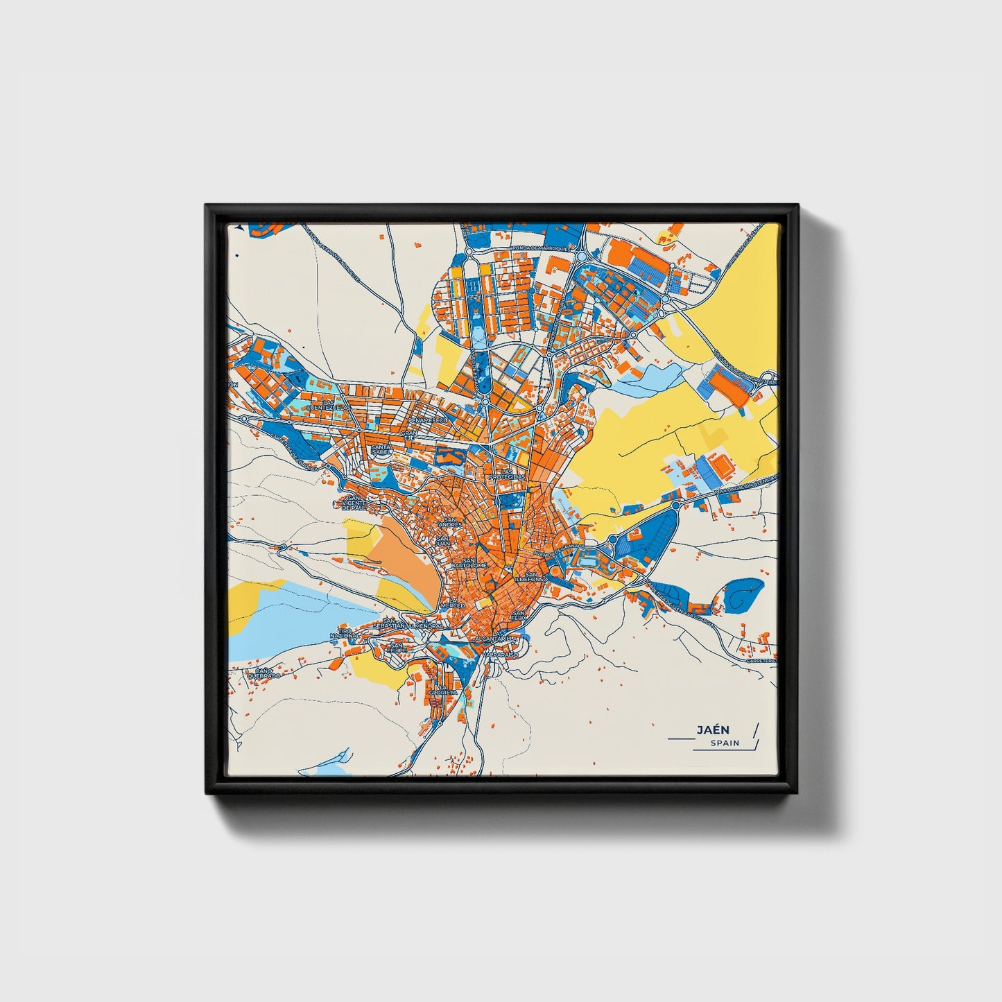 Jaén Spain Colorful City Map Canvas Print • Black Framed