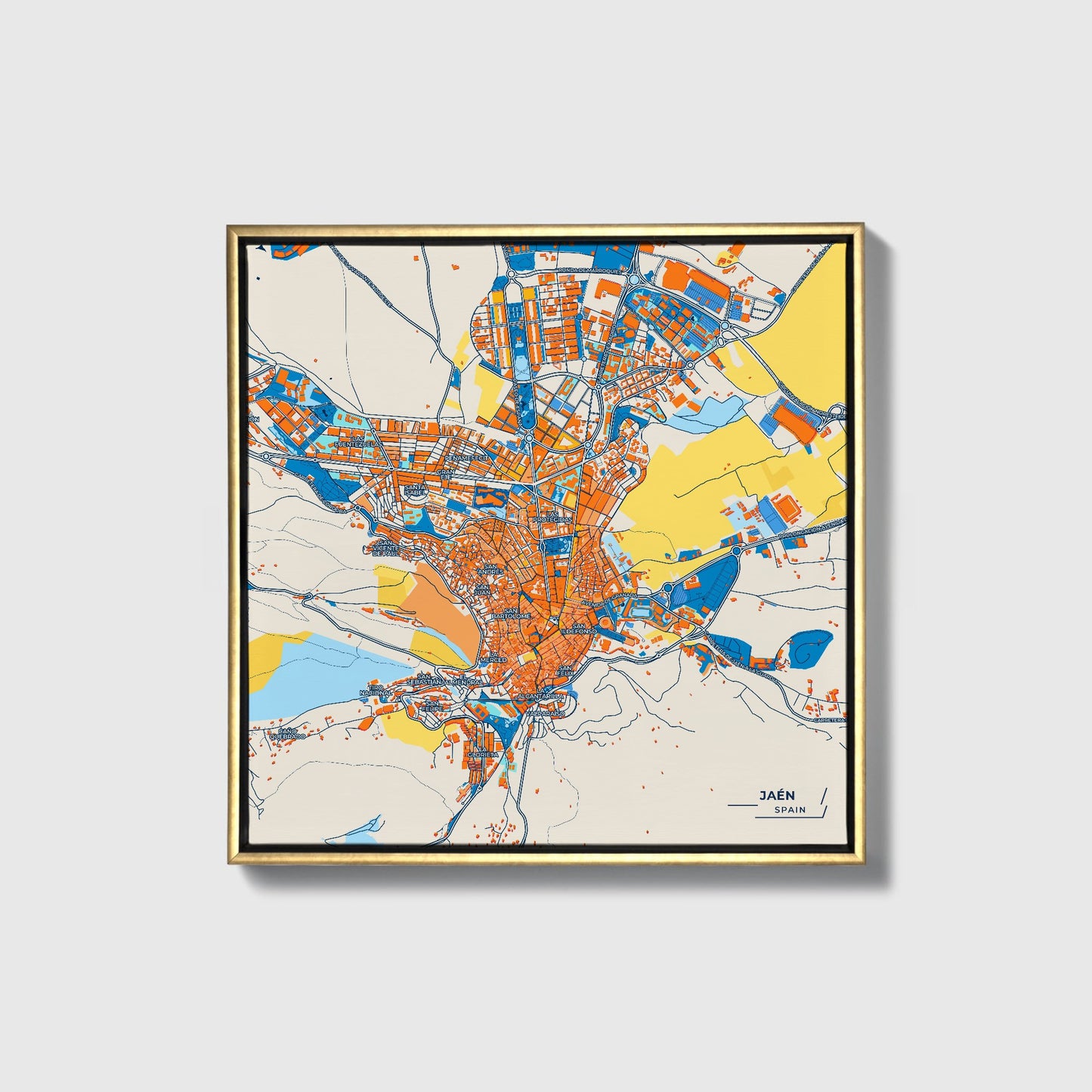 Jaén Spain Colorful City Map Canvas Print • Gold Framed