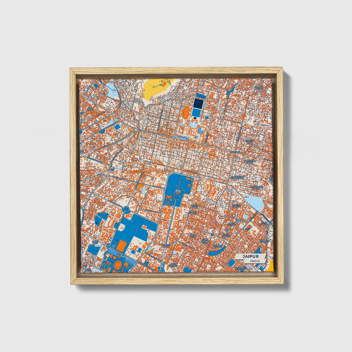 Jaipur India Colorful City Map Canvas Print • Natural Wooden Framed