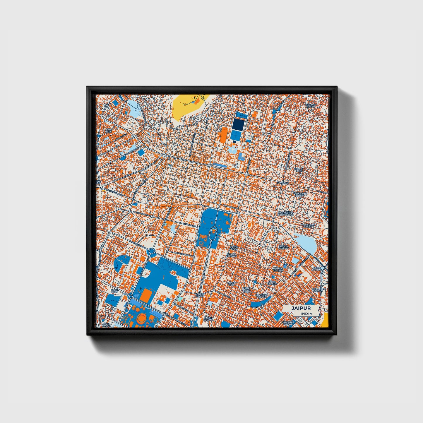 Jaipur India Colorful City Map Canvas Print • Black Framed