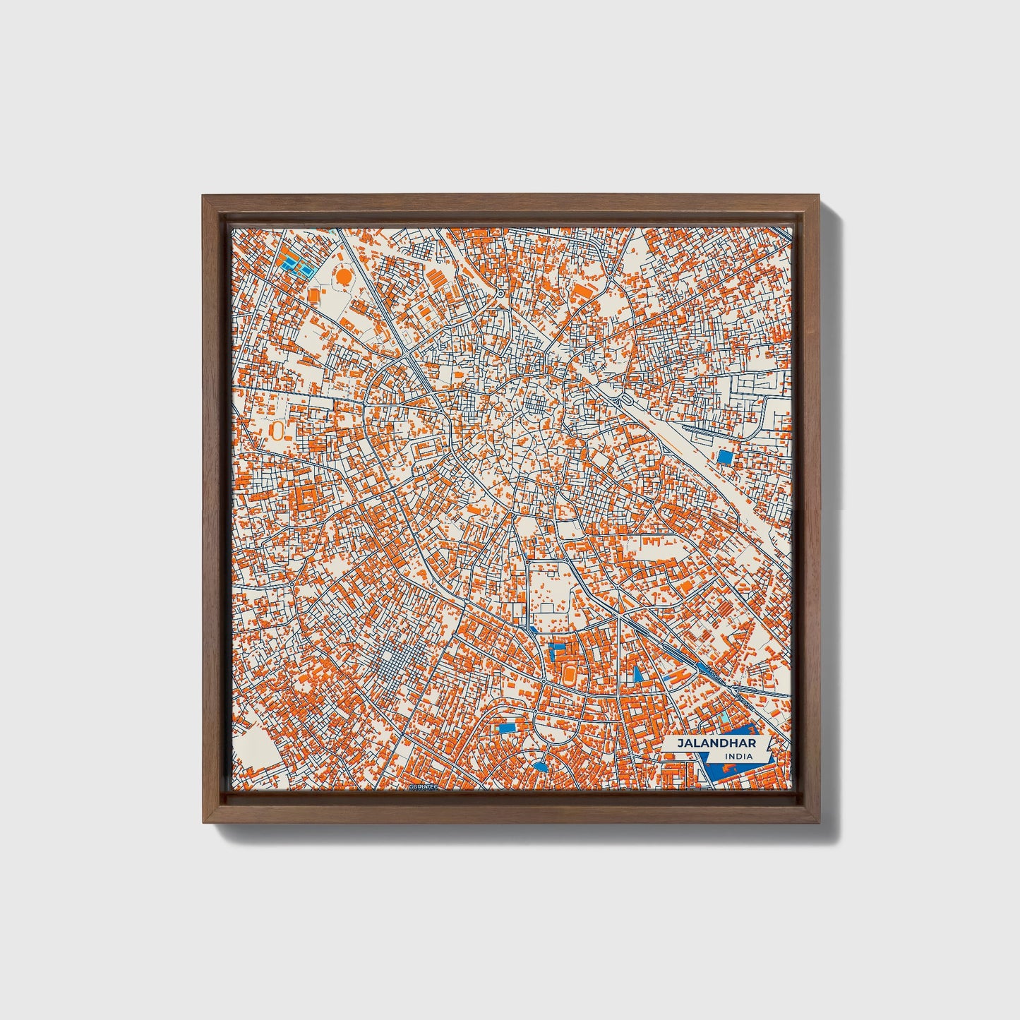Jalandhar India Colorful City Map Canvas Print • Dark Wooden Framed