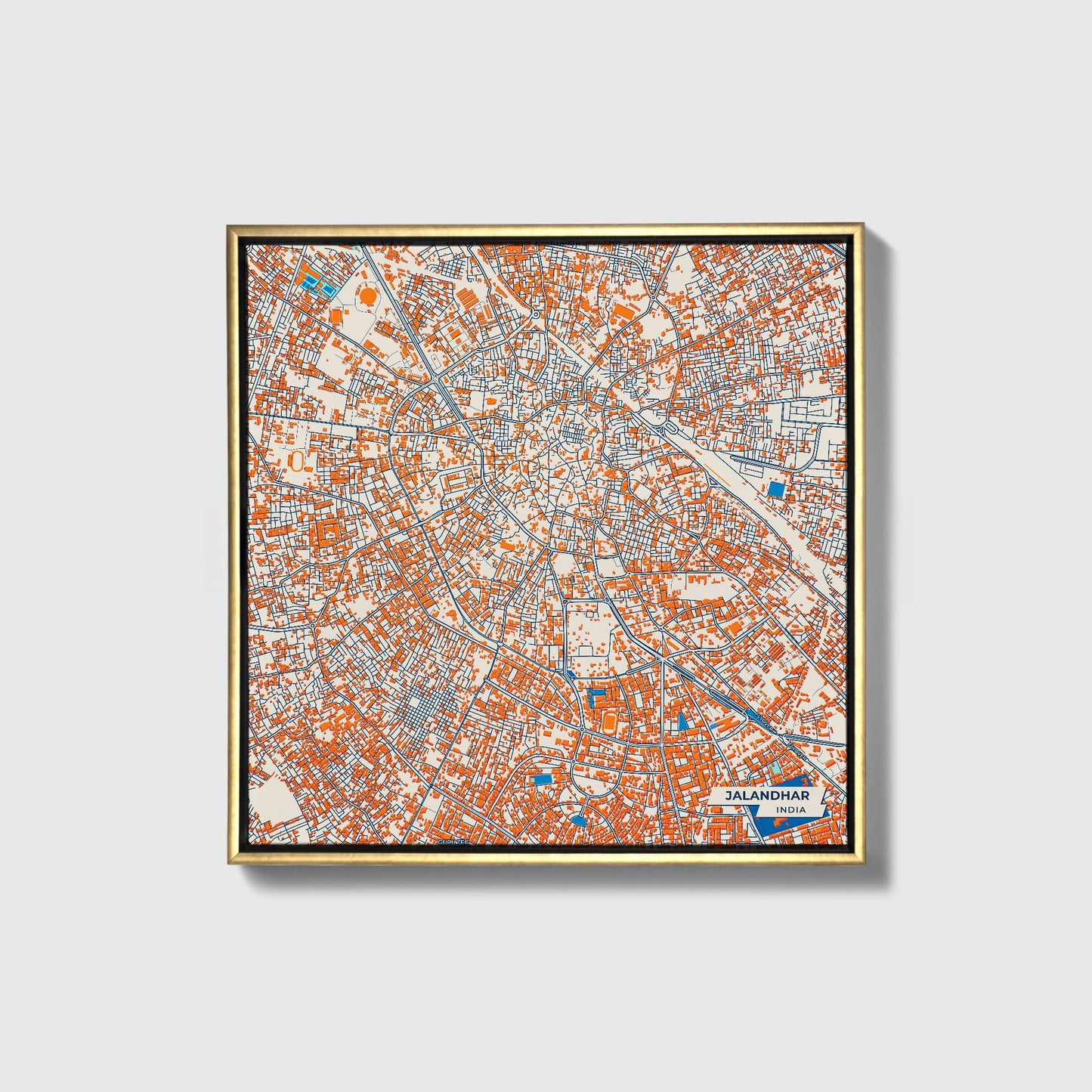 Jalandhar India Colorful City Map Canvas Print • Gold Framed