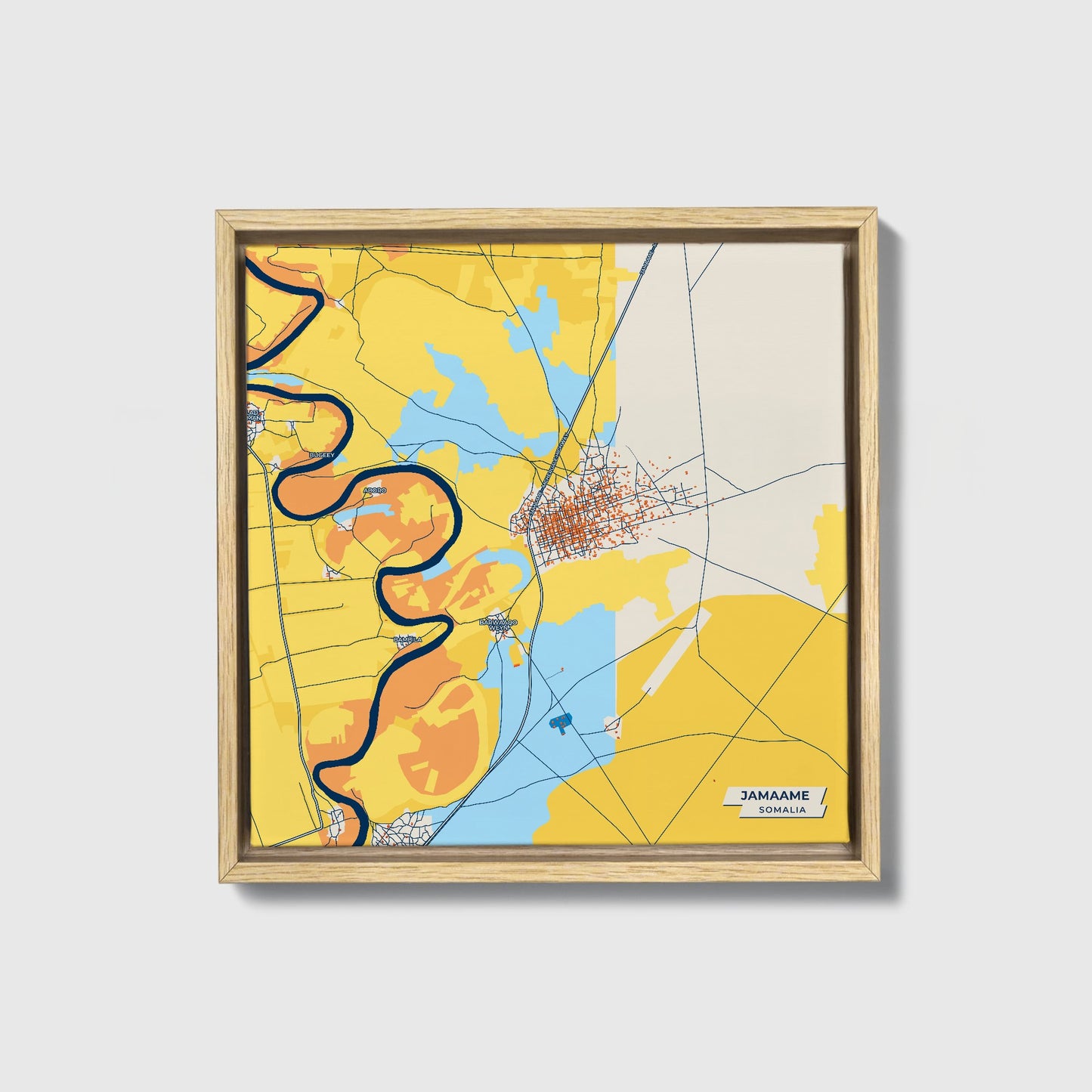 Jamaame Somalia Colorful City Map Canvas Print • Natural Wooden Framed