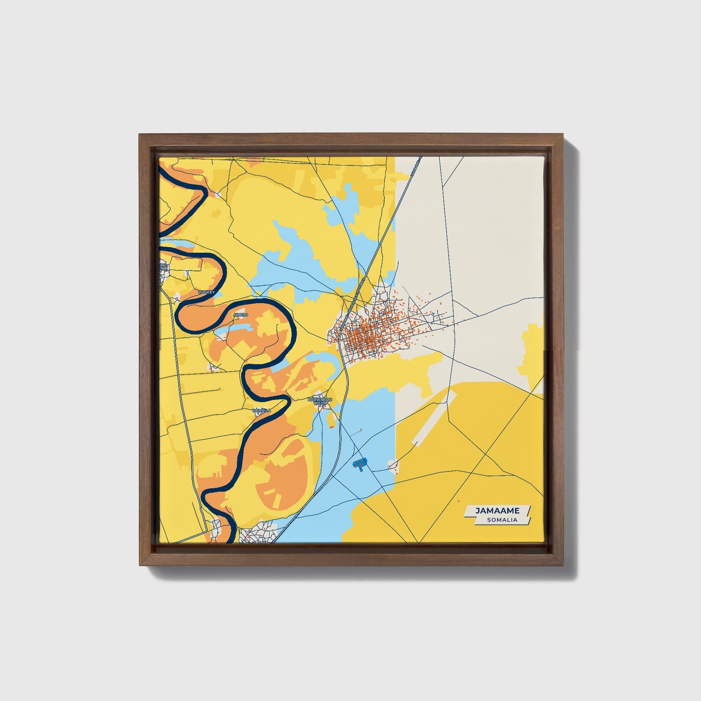 Jamaame Somalia Colorful City Map Canvas Print • Dark Wooden Framed