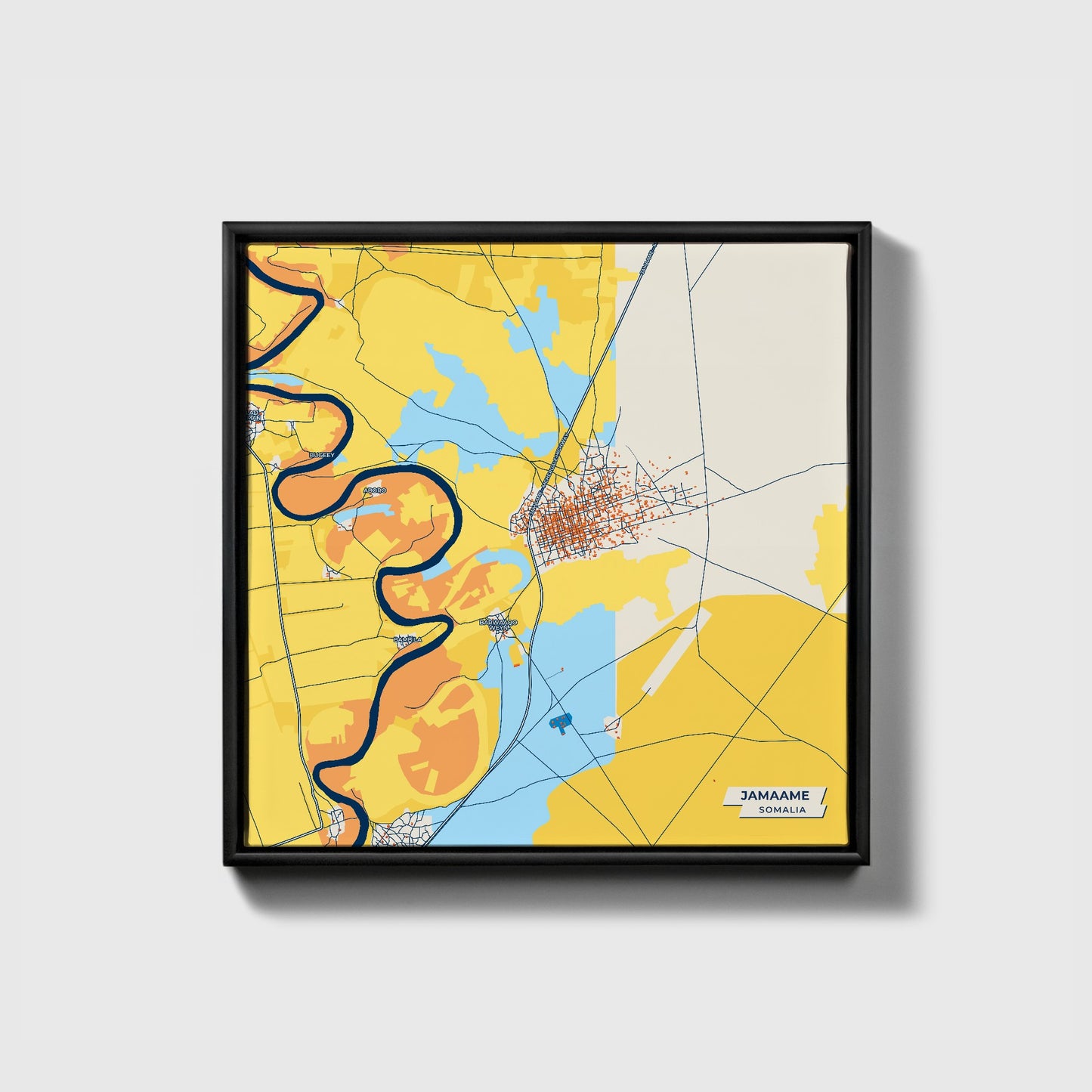 Jamaame Somalia Colorful City Map Canvas Print • Black Framed