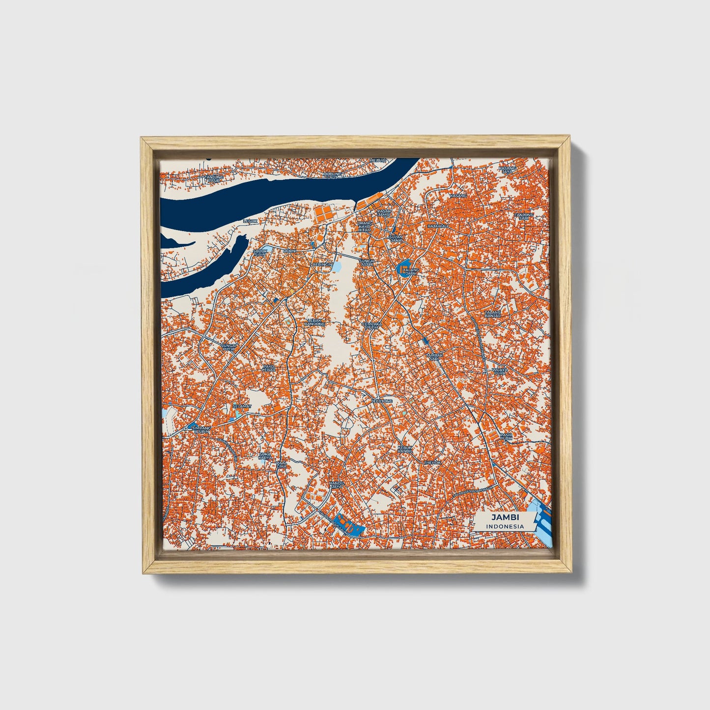 Jambi Indonesia Colorful City Map Canvas Print • Natural Wooden Framed