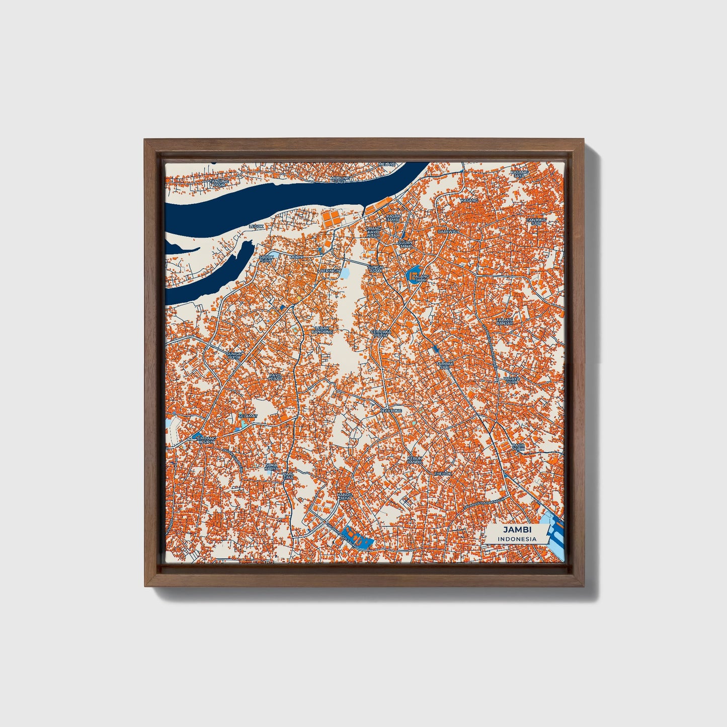 Jambi Indonesia Colorful City Map Canvas Print • Dark Wooden Framed