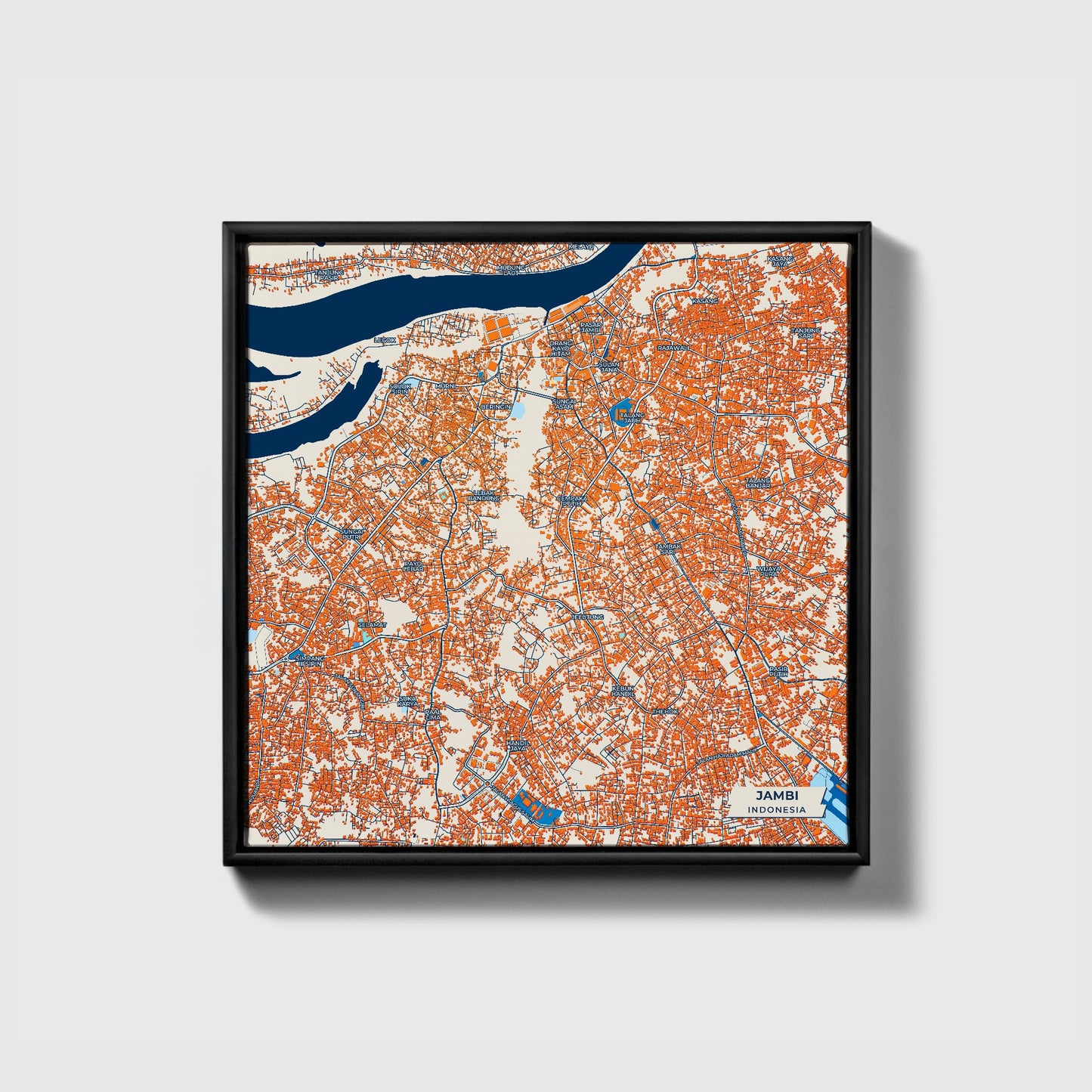 Jambi Indonesia Colorful City Map Canvas Print • Black Framed