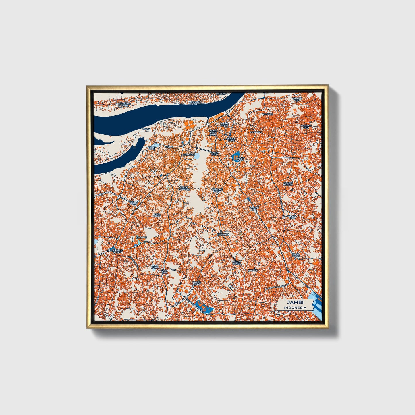 Jambi Indonesia Colorful City Map Canvas Print • Gold Framed