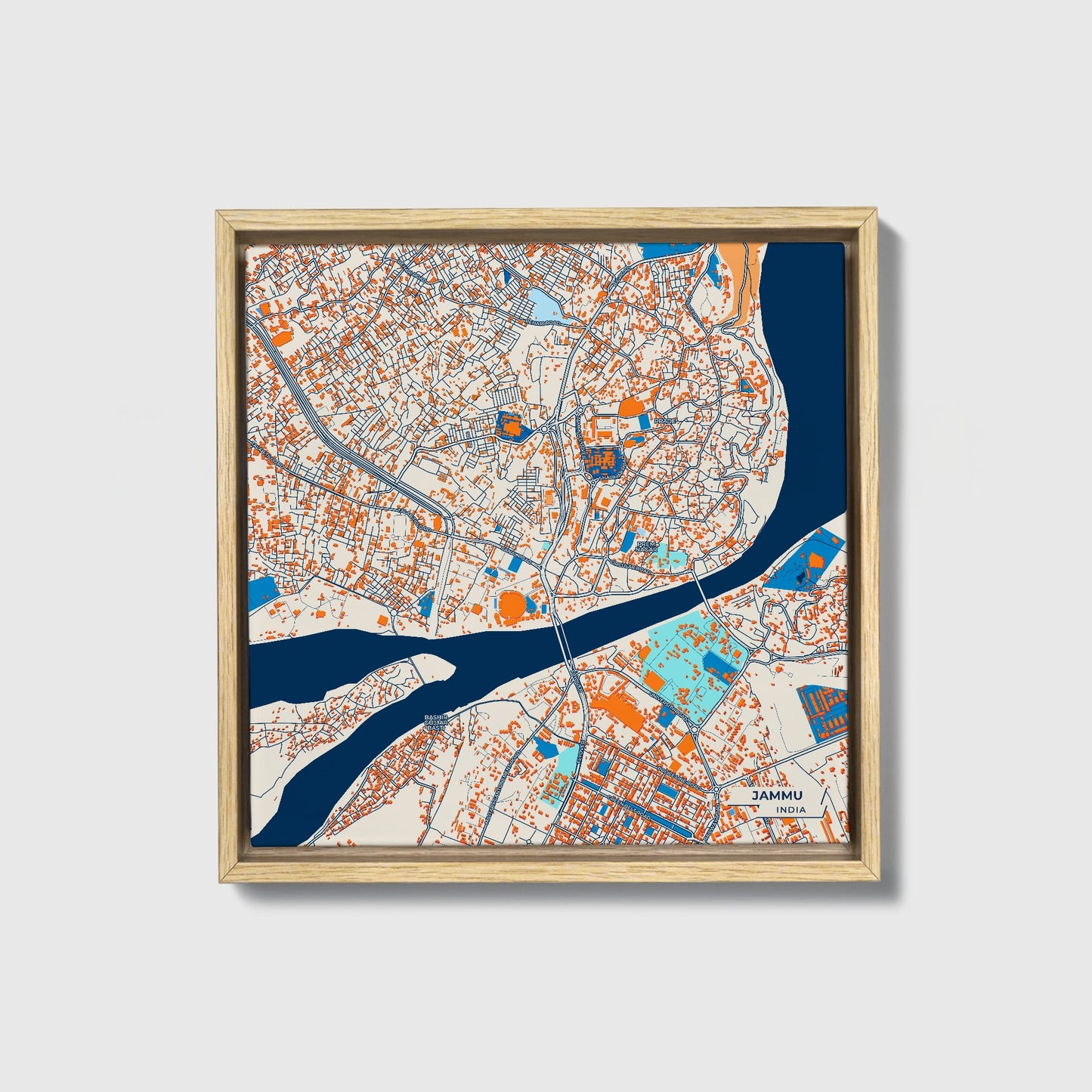 Jammu India Colorful City Map Canvas Print • Natural Wooden Framed