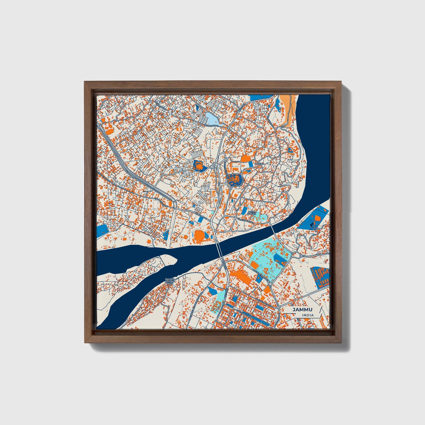 Jammu India Colorful City Map Canvas Print • Dark Wooden Framed