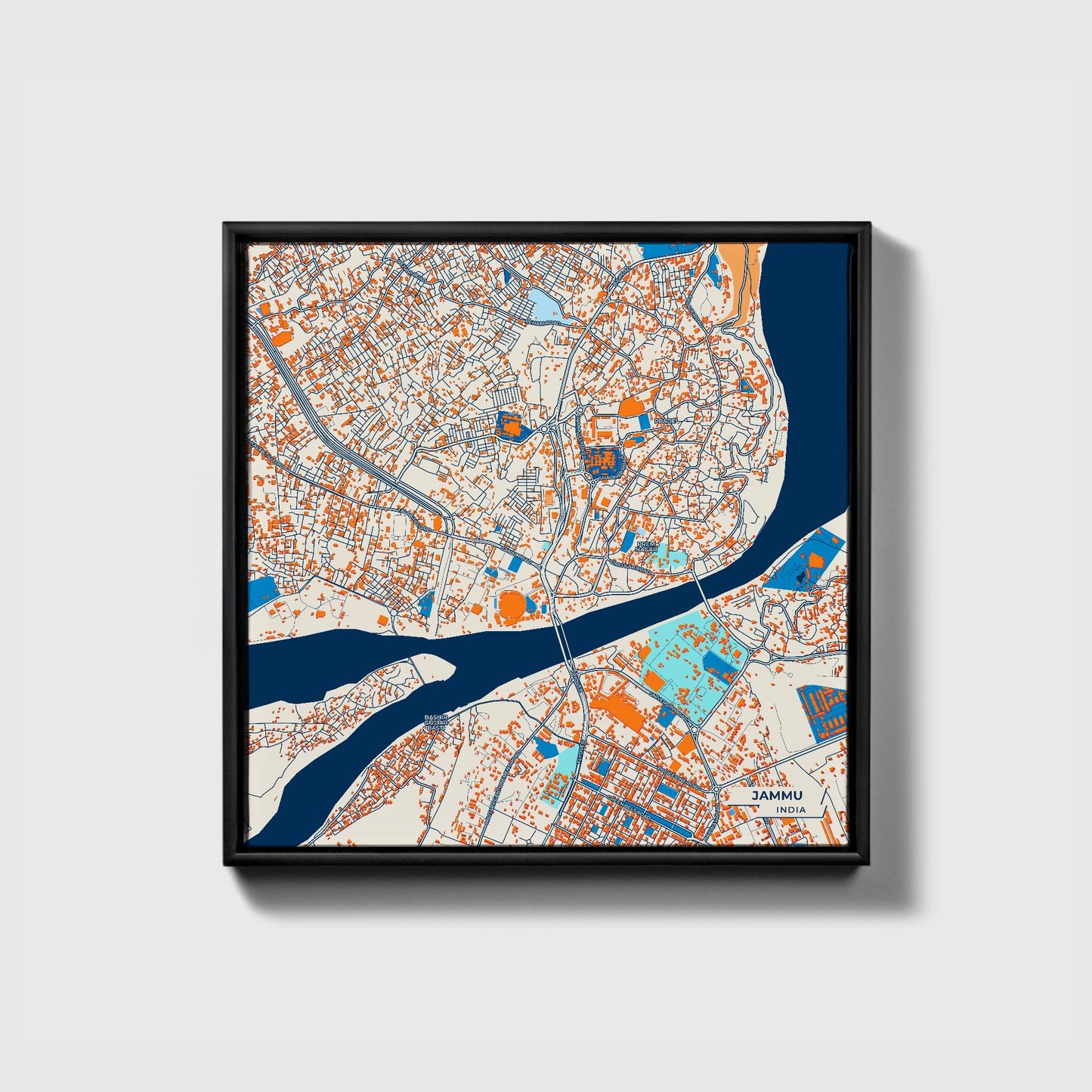 Jammu India Colorful City Map Canvas Print • Black Framed