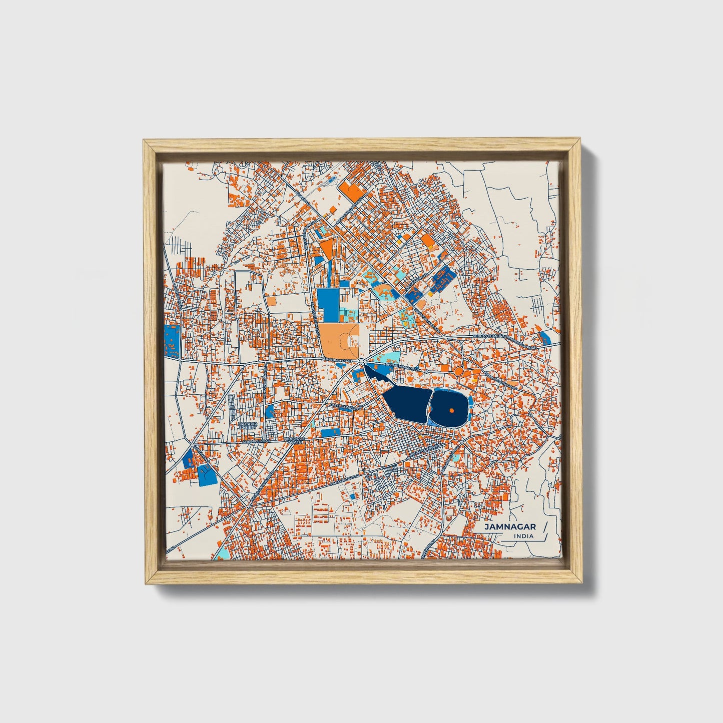 Jamnagar India Colorful City Map Canvas Print • Natural Wooden Framed