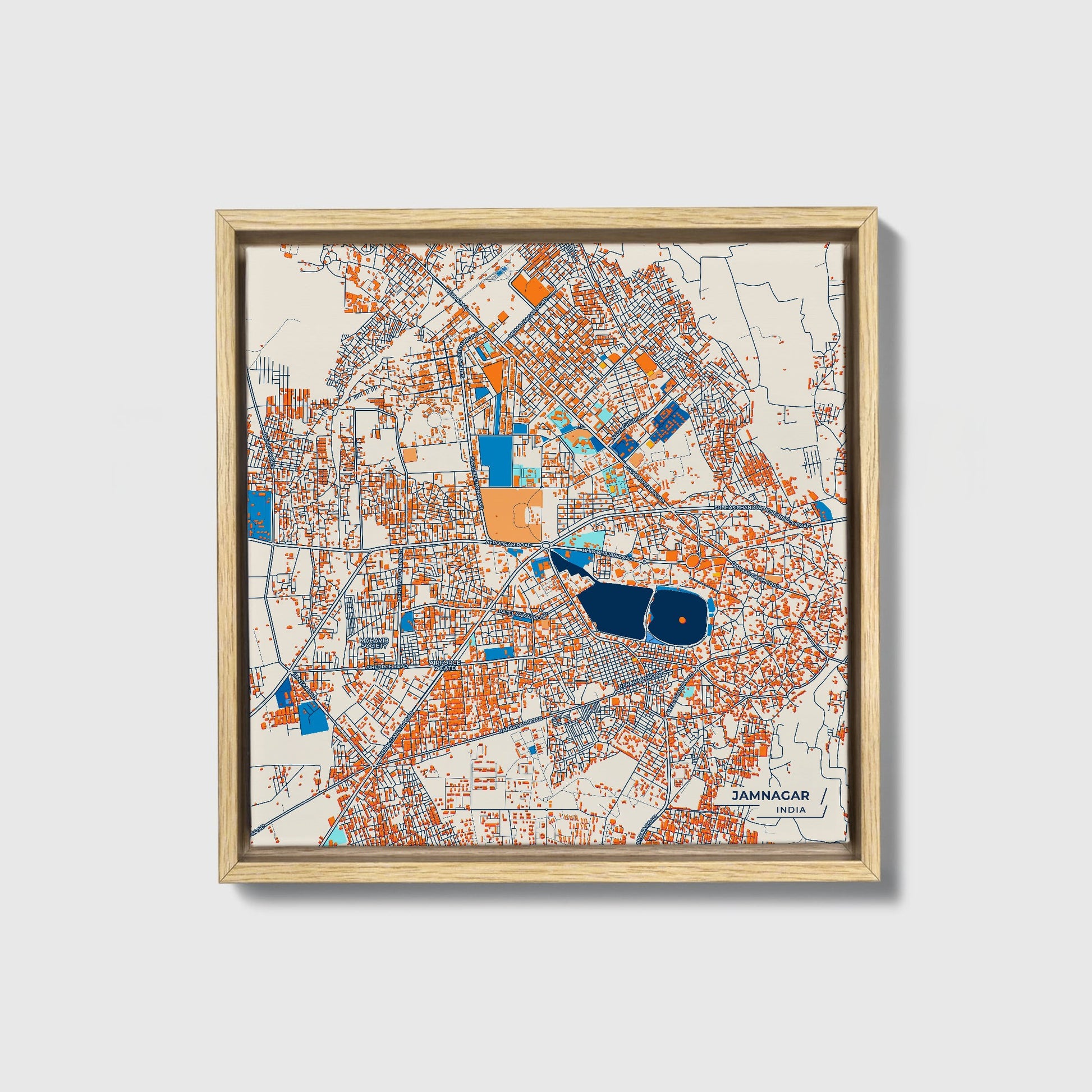 Jamnagar India Colorful City Map Canvas Print • Natural Wooden Framed