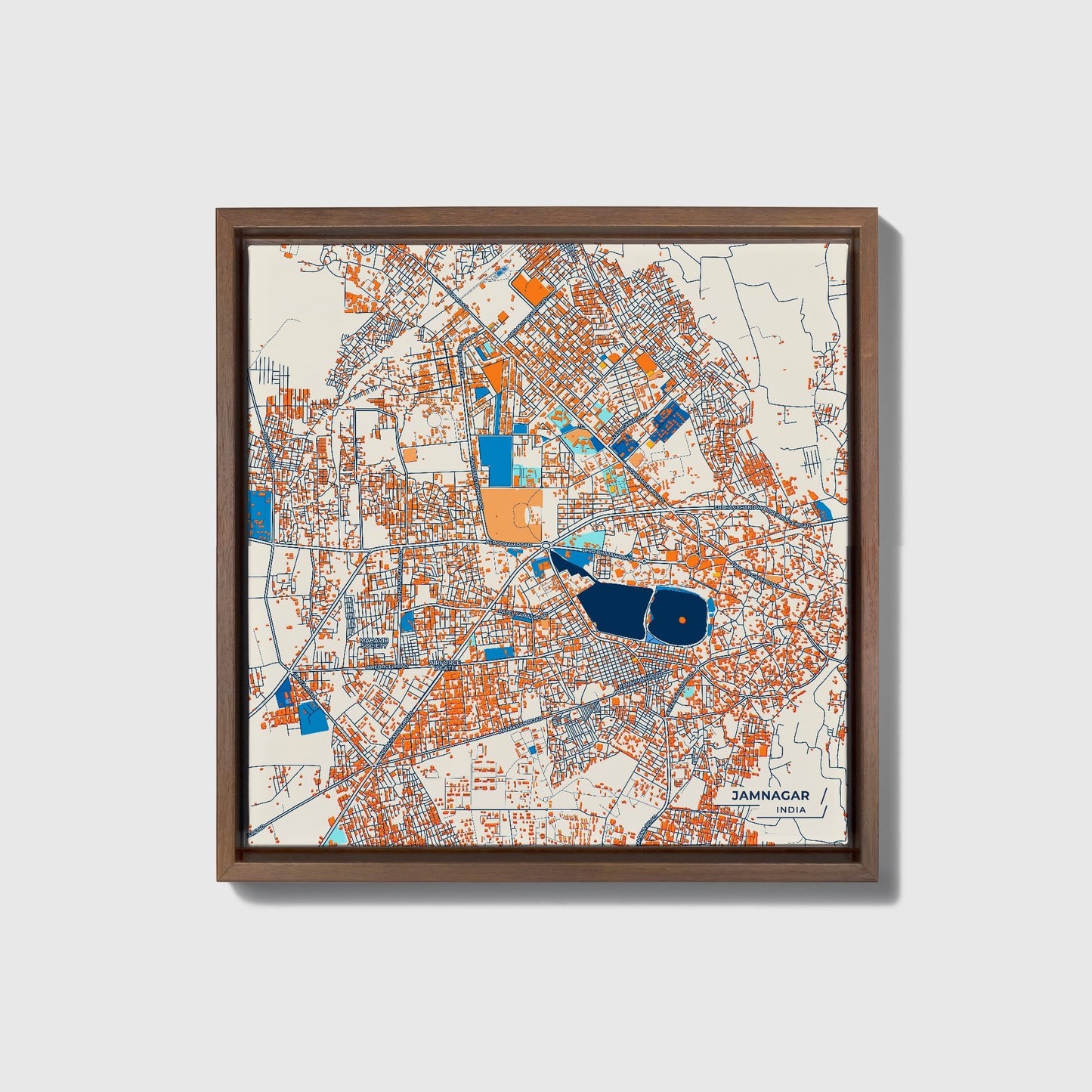 Jamnagar India Colorful City Map Canvas Print • Dark Wooden Framed