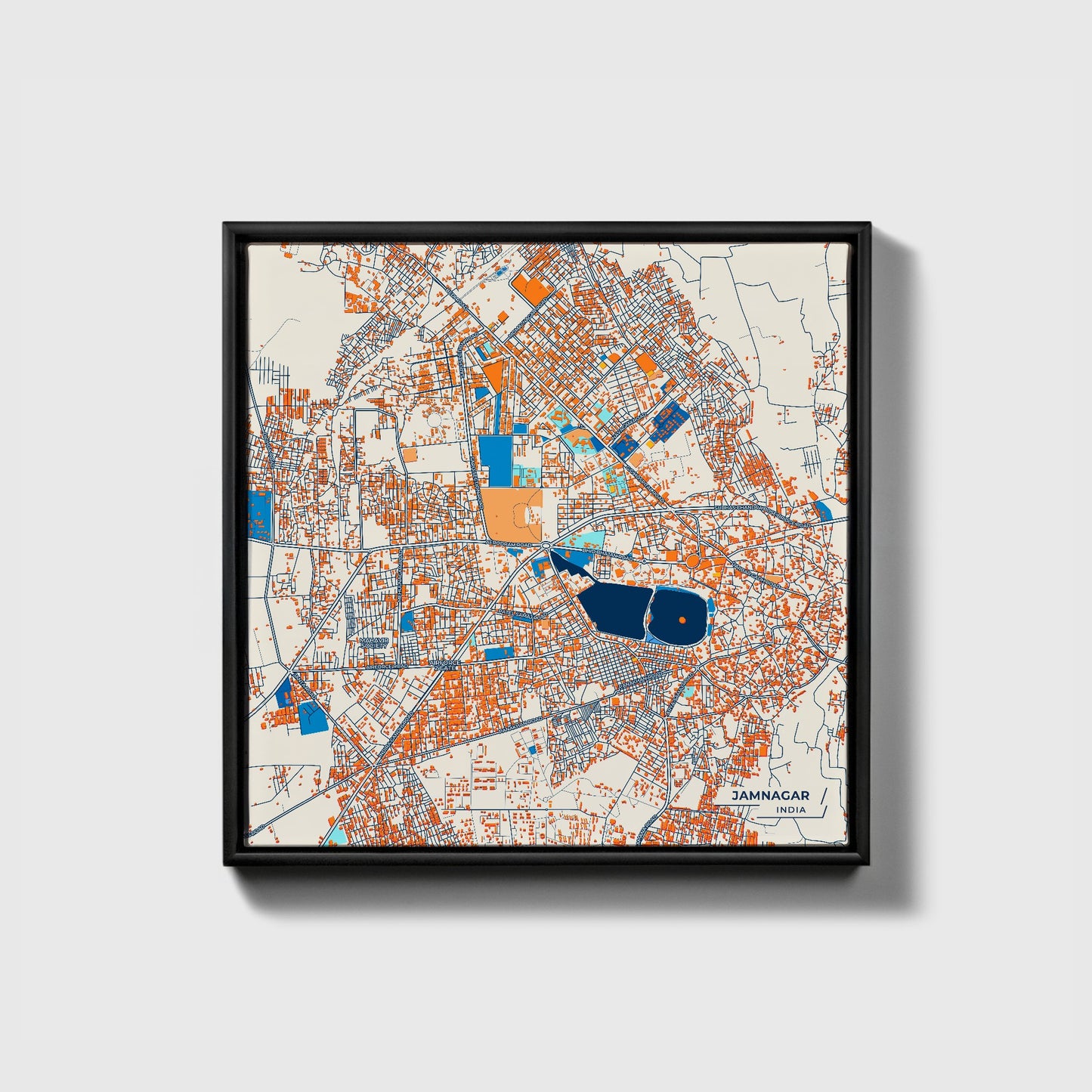 Jamnagar India Colorful City Map Canvas Print • Black Framed