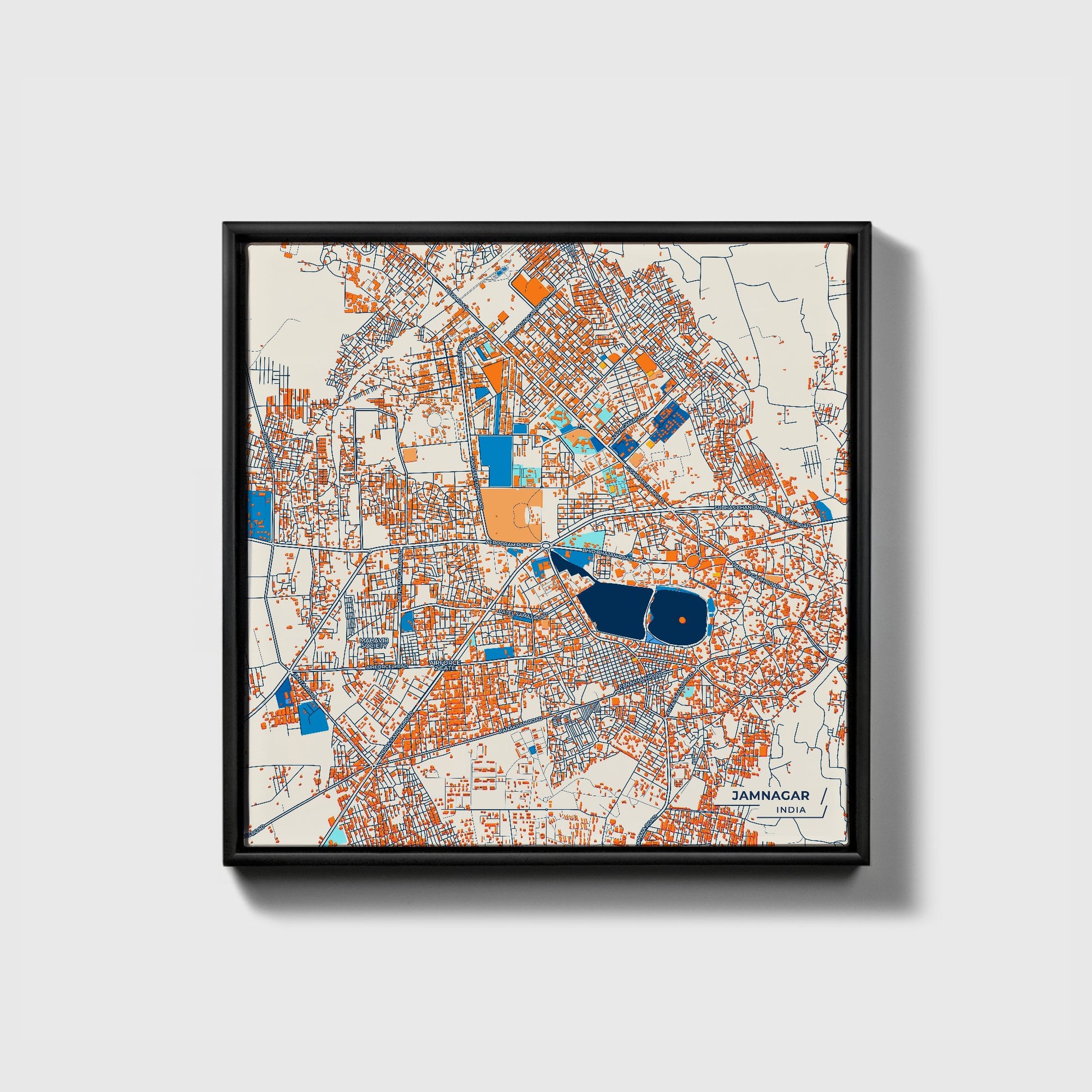 Jamnagar India Colorful City Map Canvas Print • Black Framed