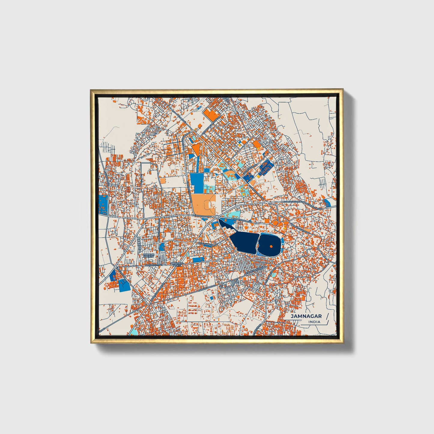 Jamnagar India Colorful City Map Canvas Print • Gold Framed