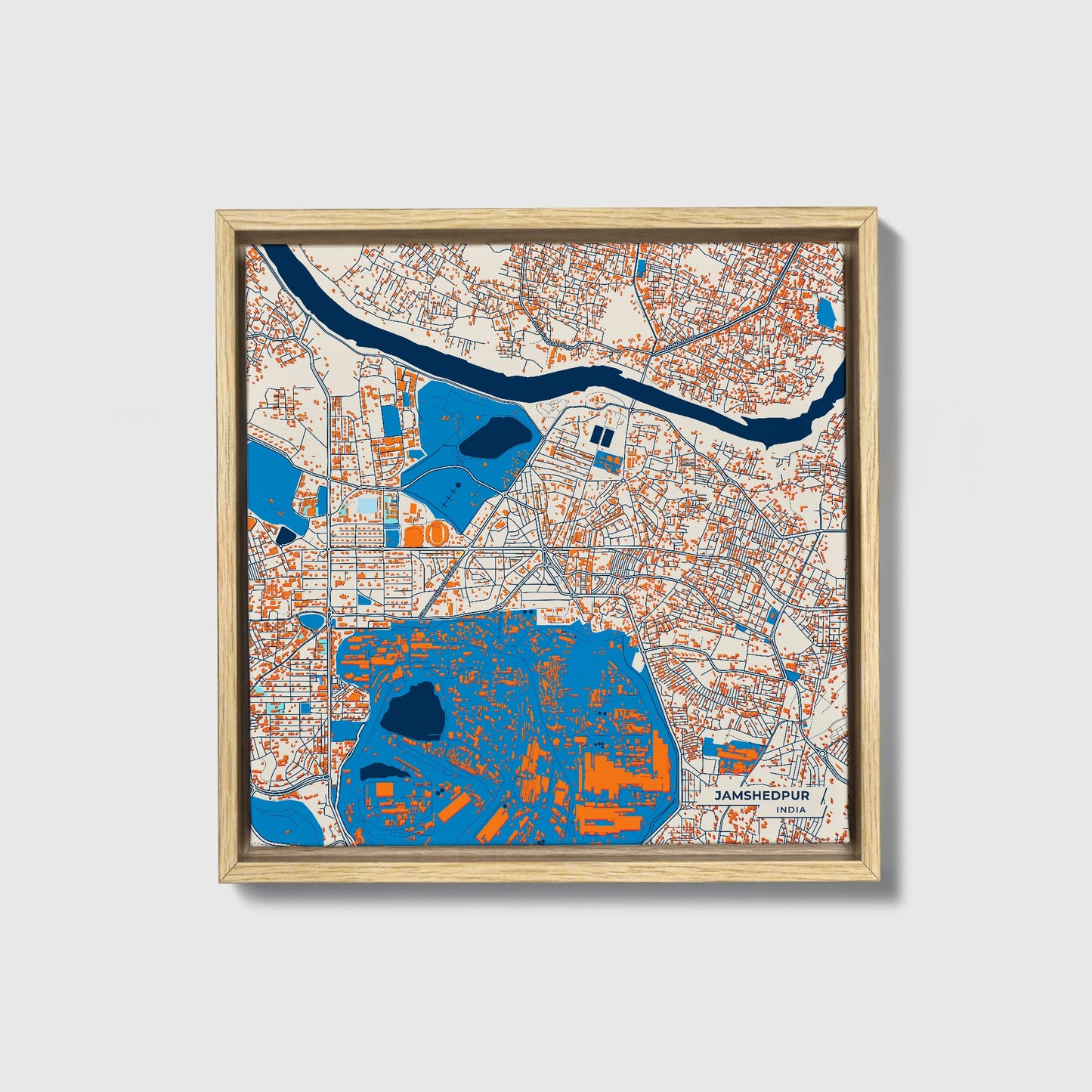 Jamshedpur India Colorful City Map Canvas Print • Natural Wooden Framed