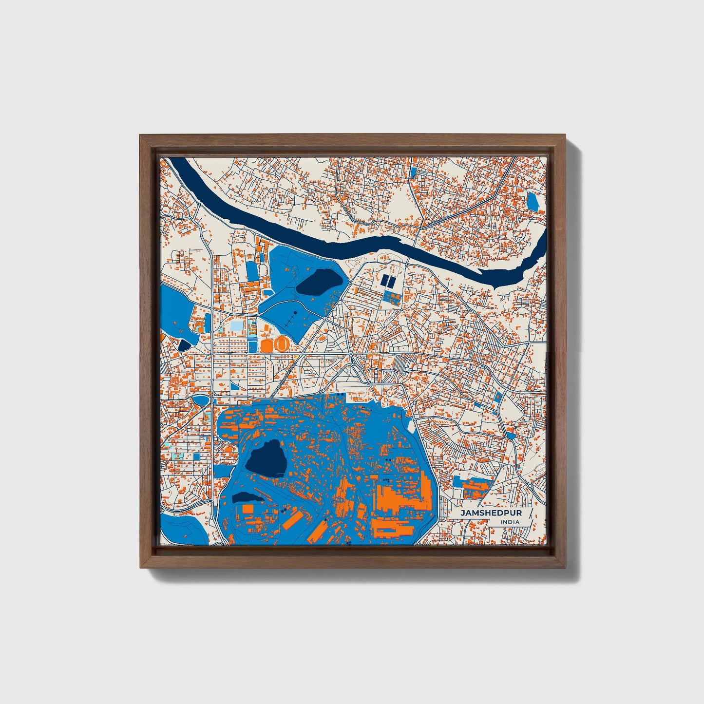 Jamshedpur India Colorful City Map Canvas Print • Dark Wooden Framed