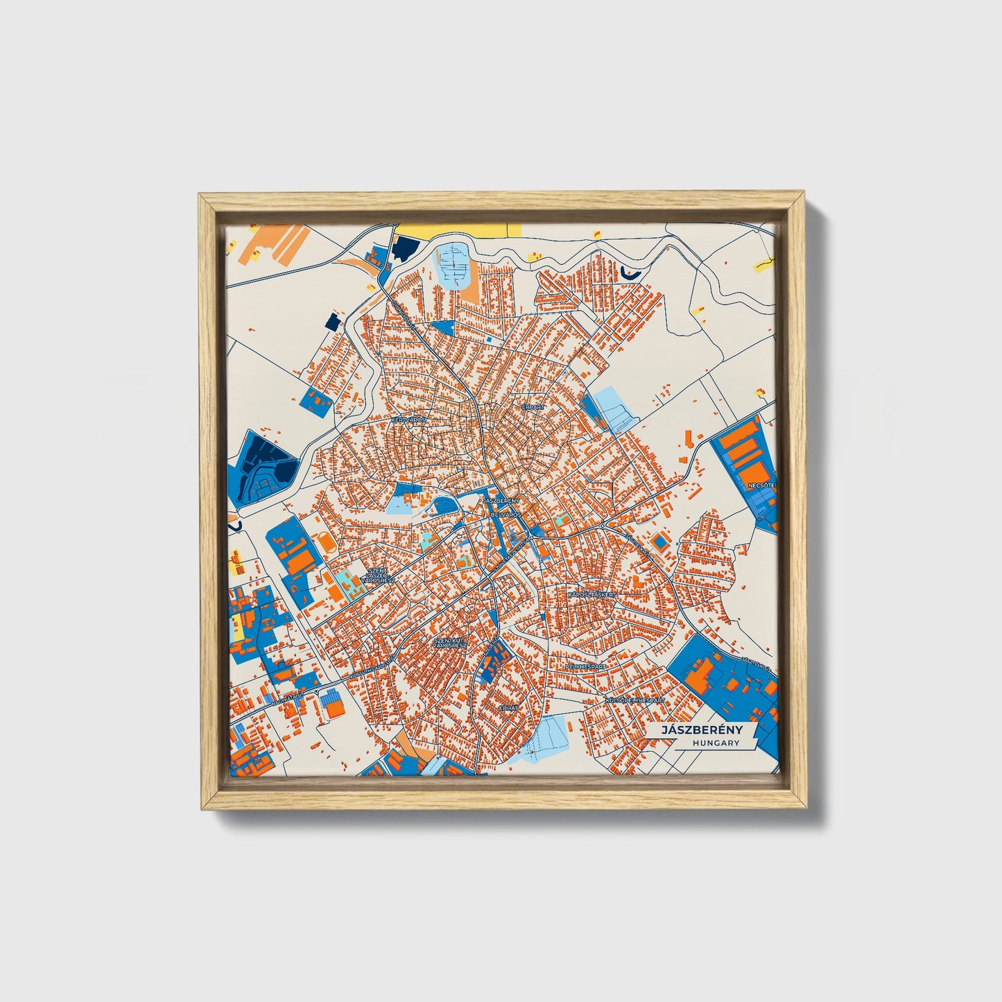 Jászberény Hungary Colorful City Map Canvas Print • Natural Wooden Framed