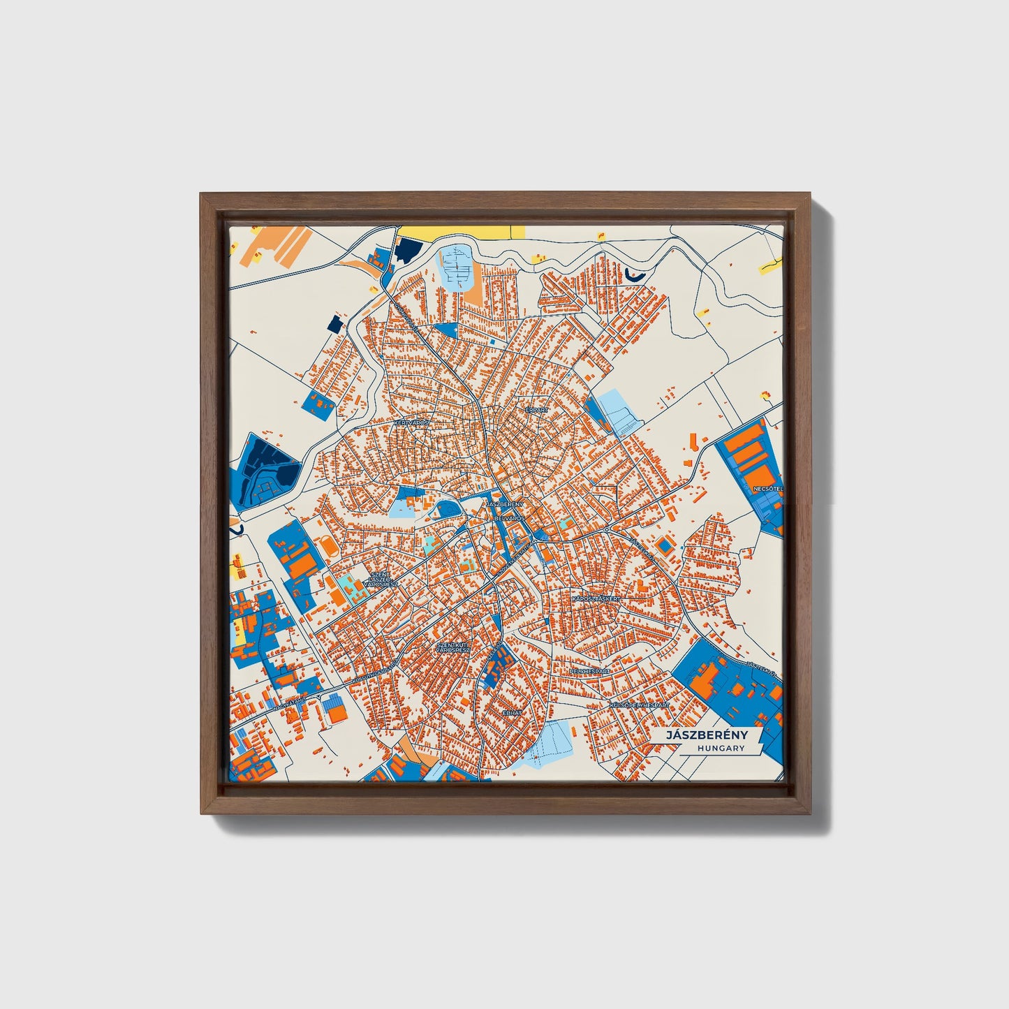 Jászberény Hungary Colorful City Map Canvas Print • Dark Wooden Framed