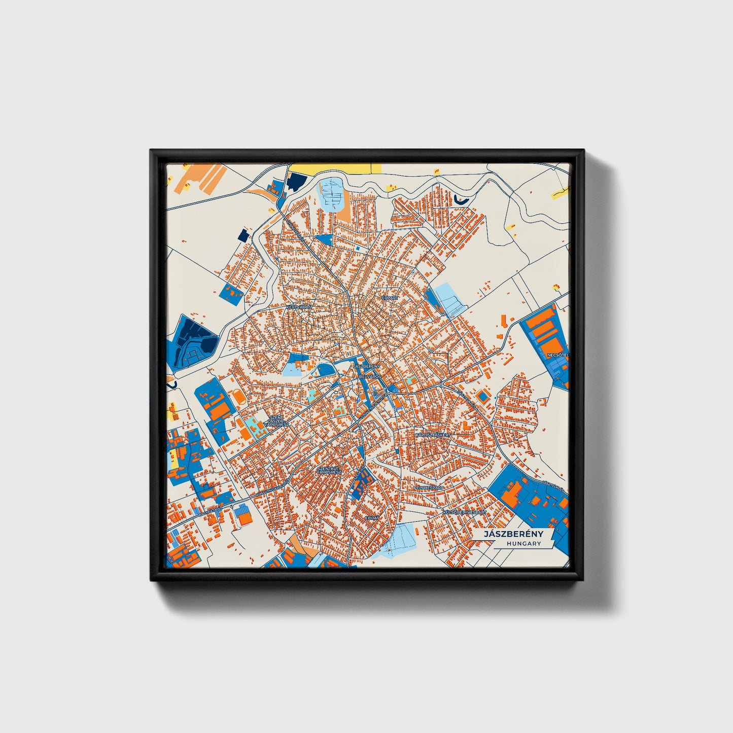 Jászberény Hungary Colorful City Map Canvas Print • Black Framed