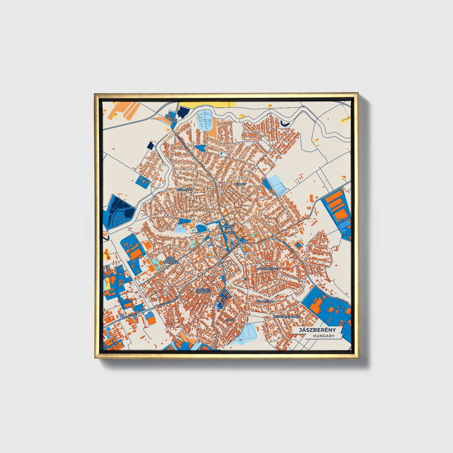 Jászberény Hungary Colorful City Map Canvas Print • Gold Framed