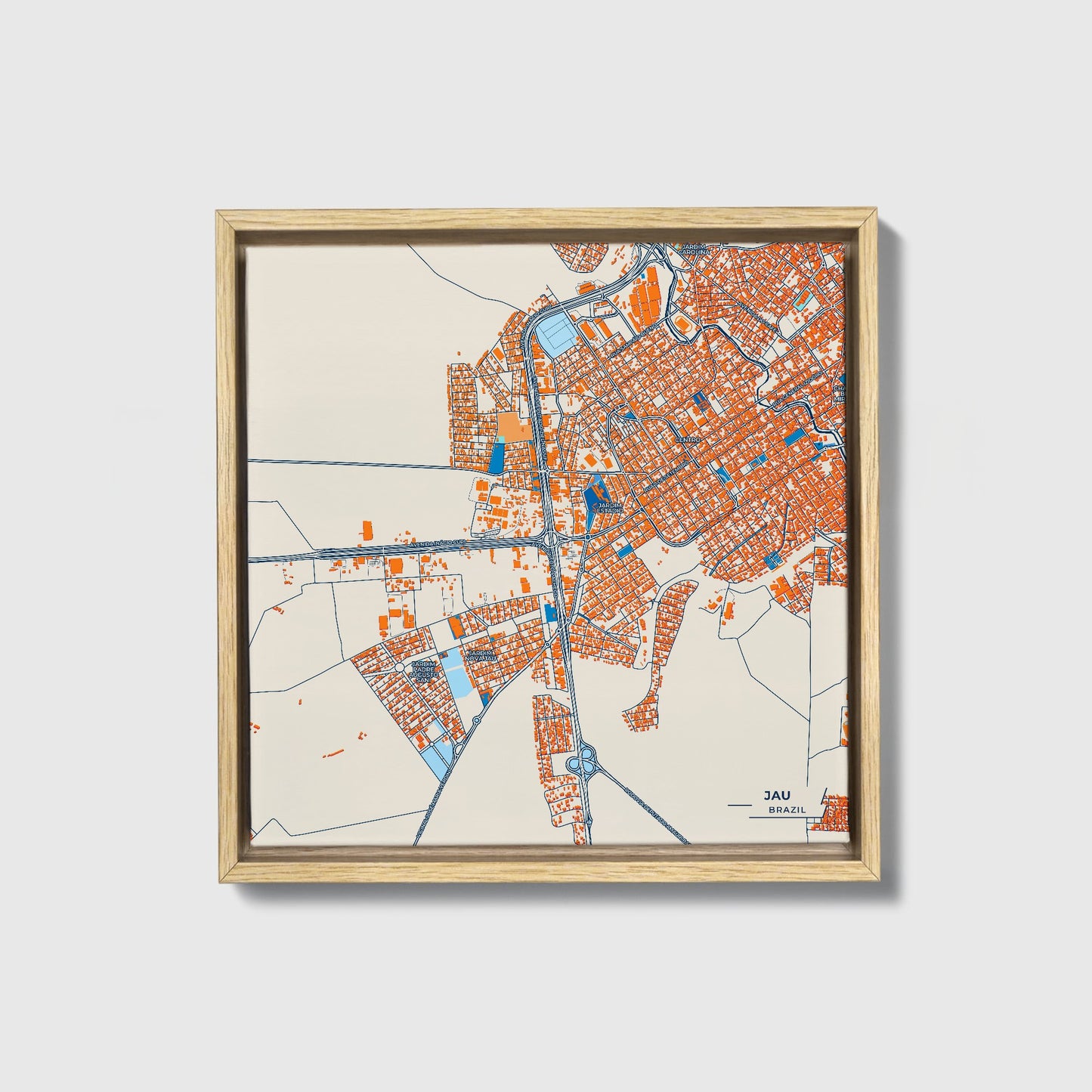 Jau Brazil Colorful City Map Canvas Print • Natural Wooden Framed