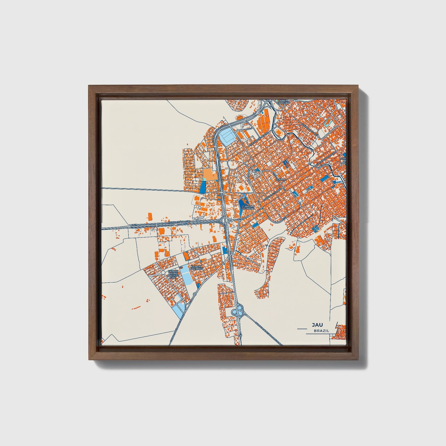 Jau Brazil Colorful City Map Canvas Print • Dark Wooden Framed