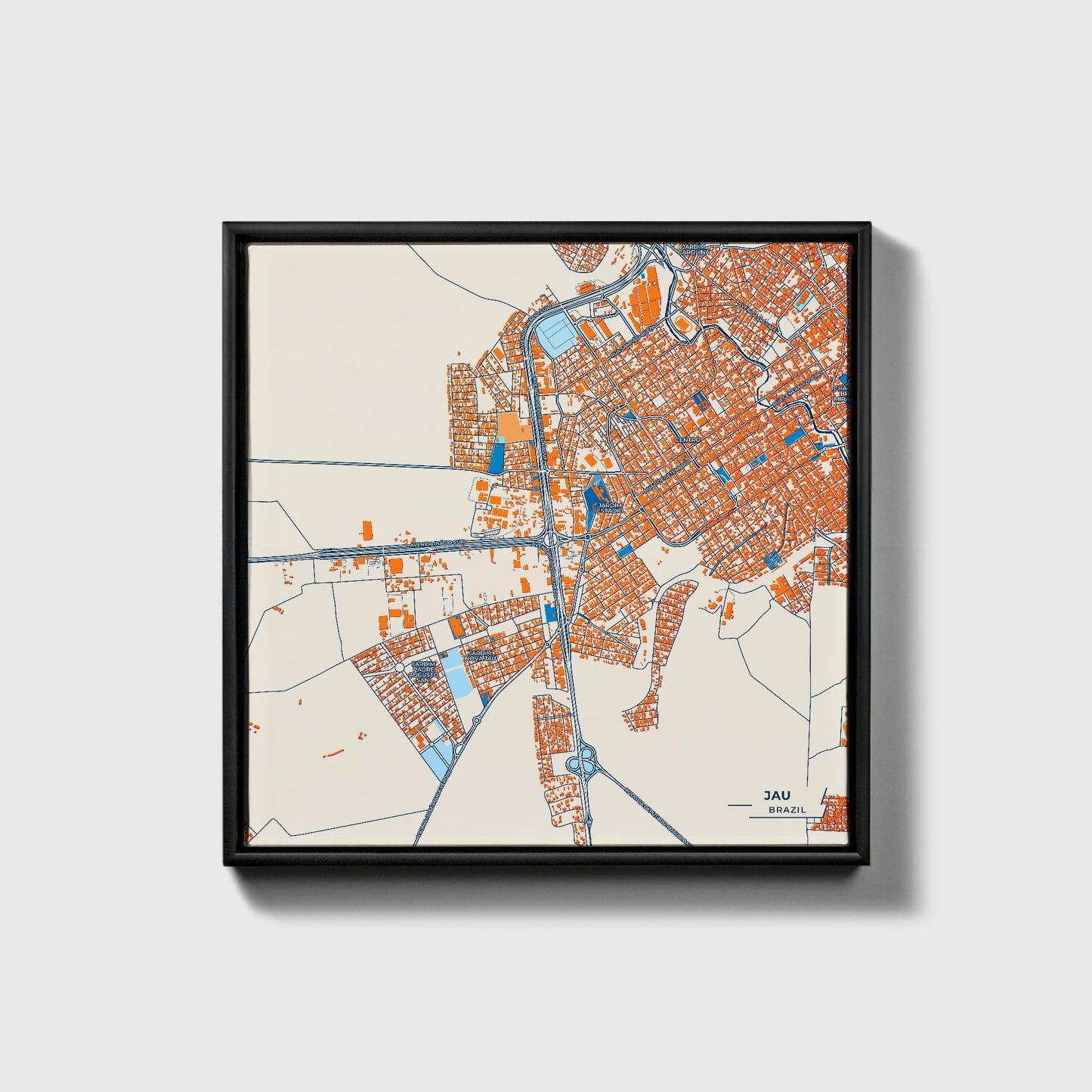 Jau Brazil Colorful City Map Canvas Print • Black Framed