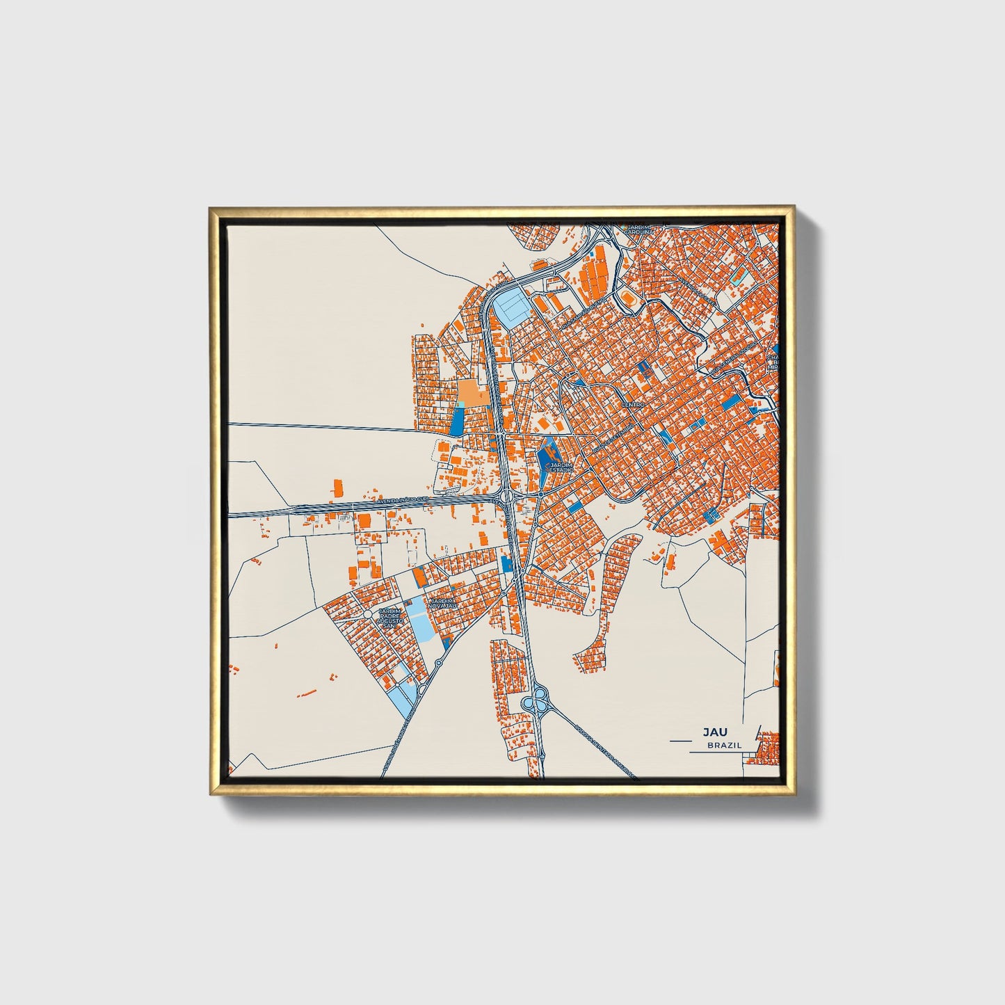 Jau Brazil Colorful City Map Canvas Print • Gold Framed