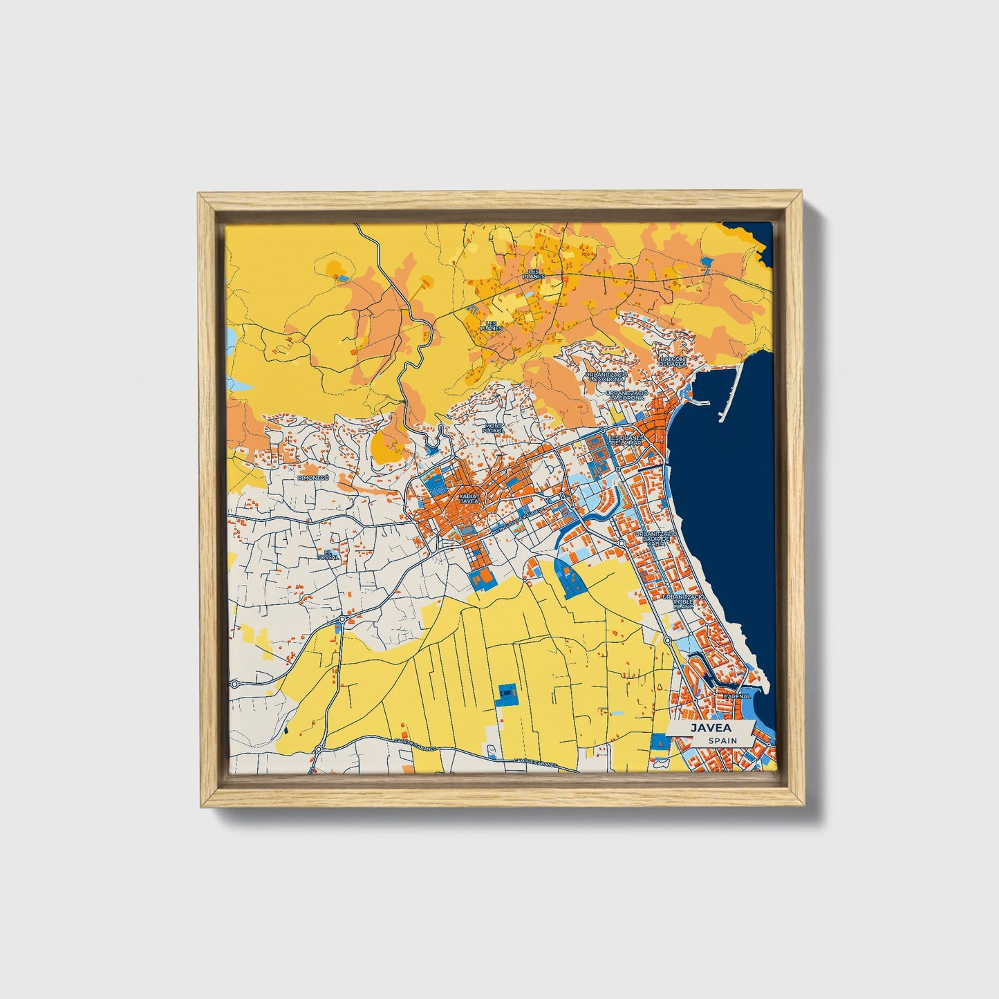 Javea Spain Colorful City Map Canvas Print • Natural Wooden Framed