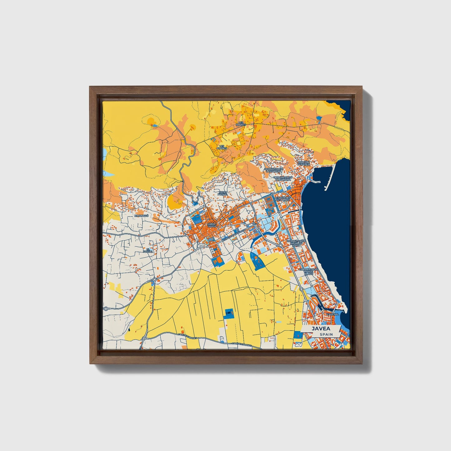 Javea Spain Colorful City Map Canvas Print • Dark Wooden Framed