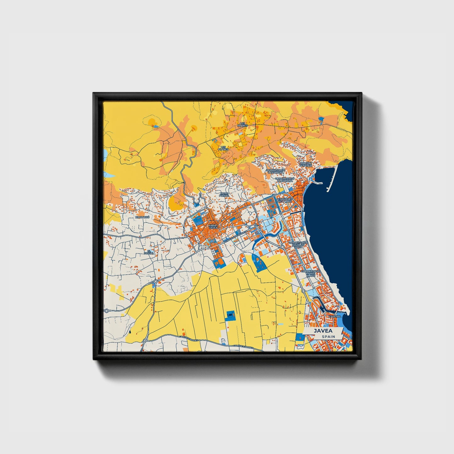 Javea Spain Colorful City Map Canvas Print • Black Framed