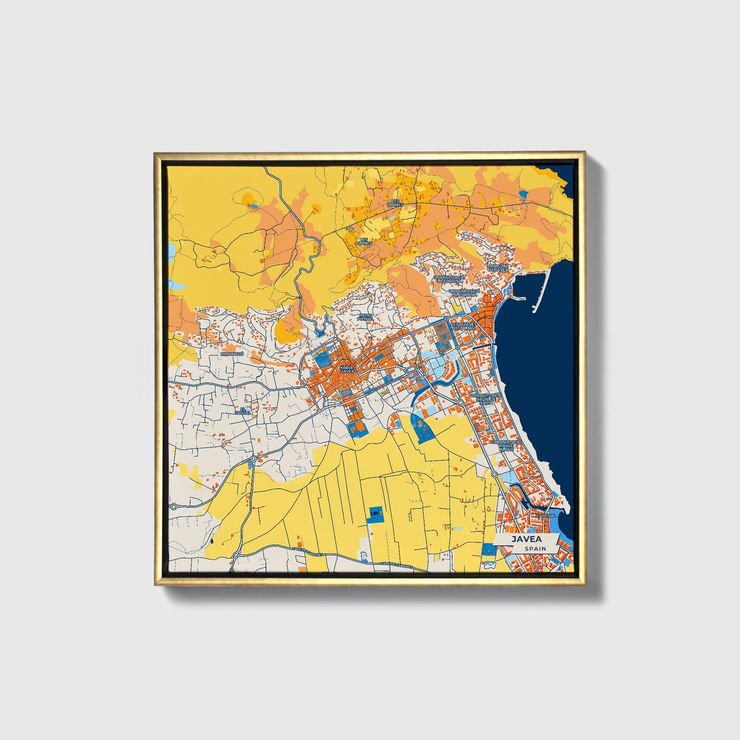 Javea Spain Colorful City Map Canvas Print • Gold Framed