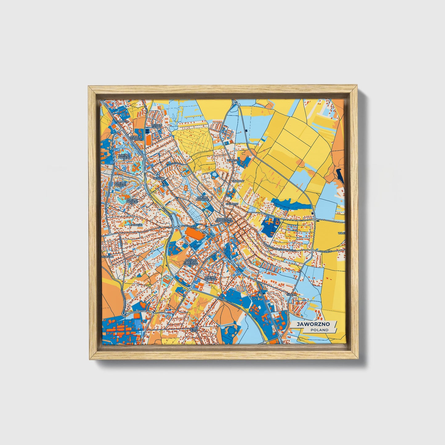 Jaworzno Poland Colorful City Map Canvas Print • Natural Wooden Framed