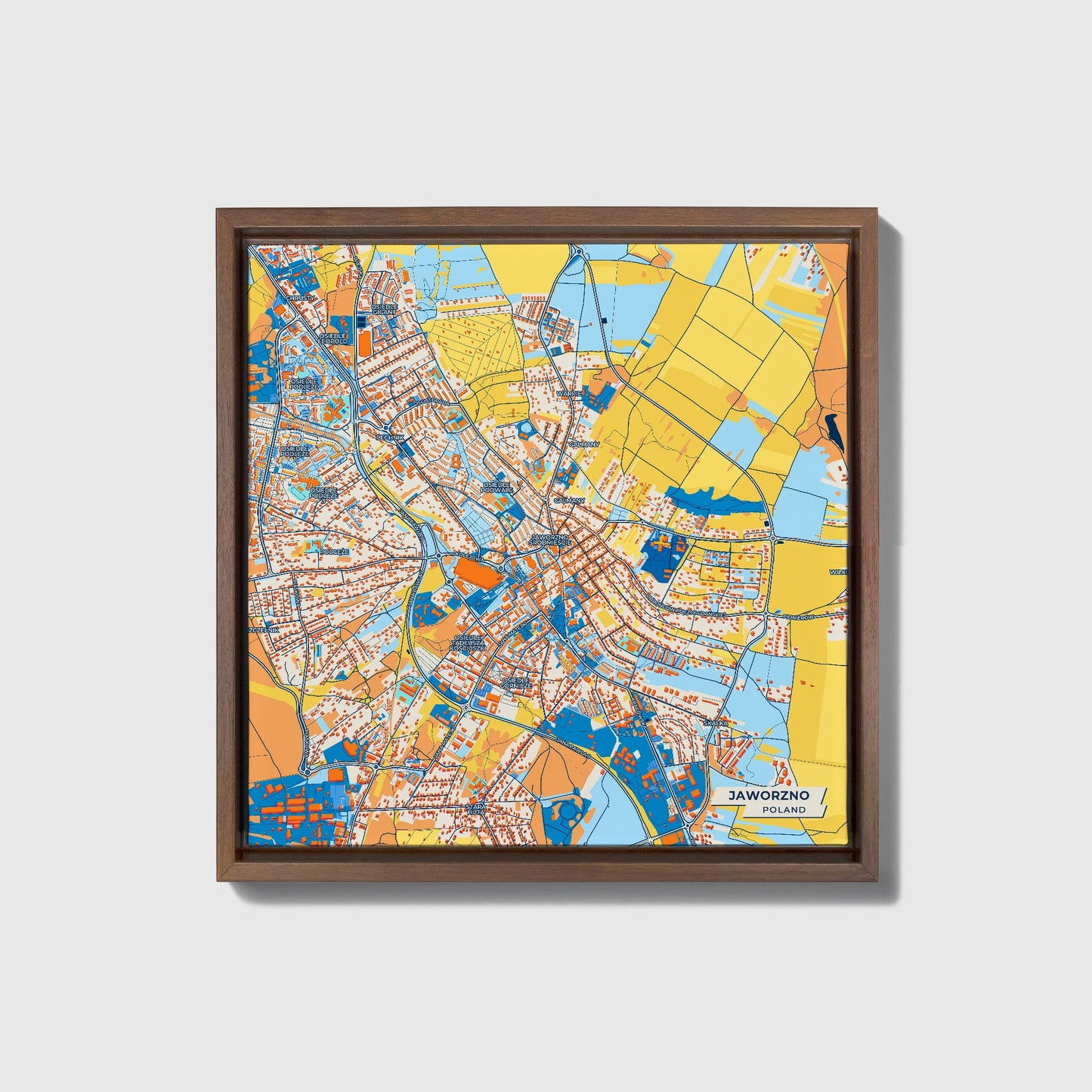 Jaworzno Poland Colorful City Map Canvas Print • Dark Wooden Framed