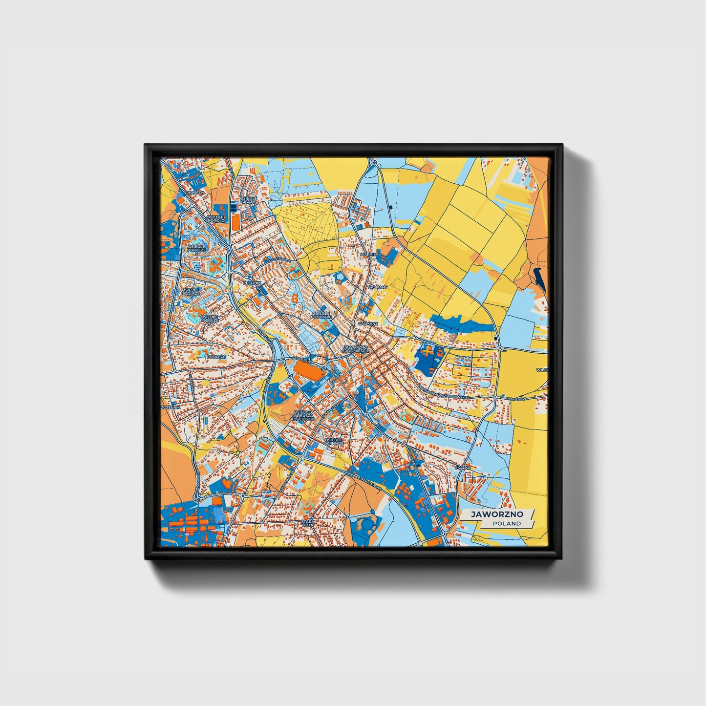 Jaworzno Poland Colorful City Map Canvas Print • Black Framed